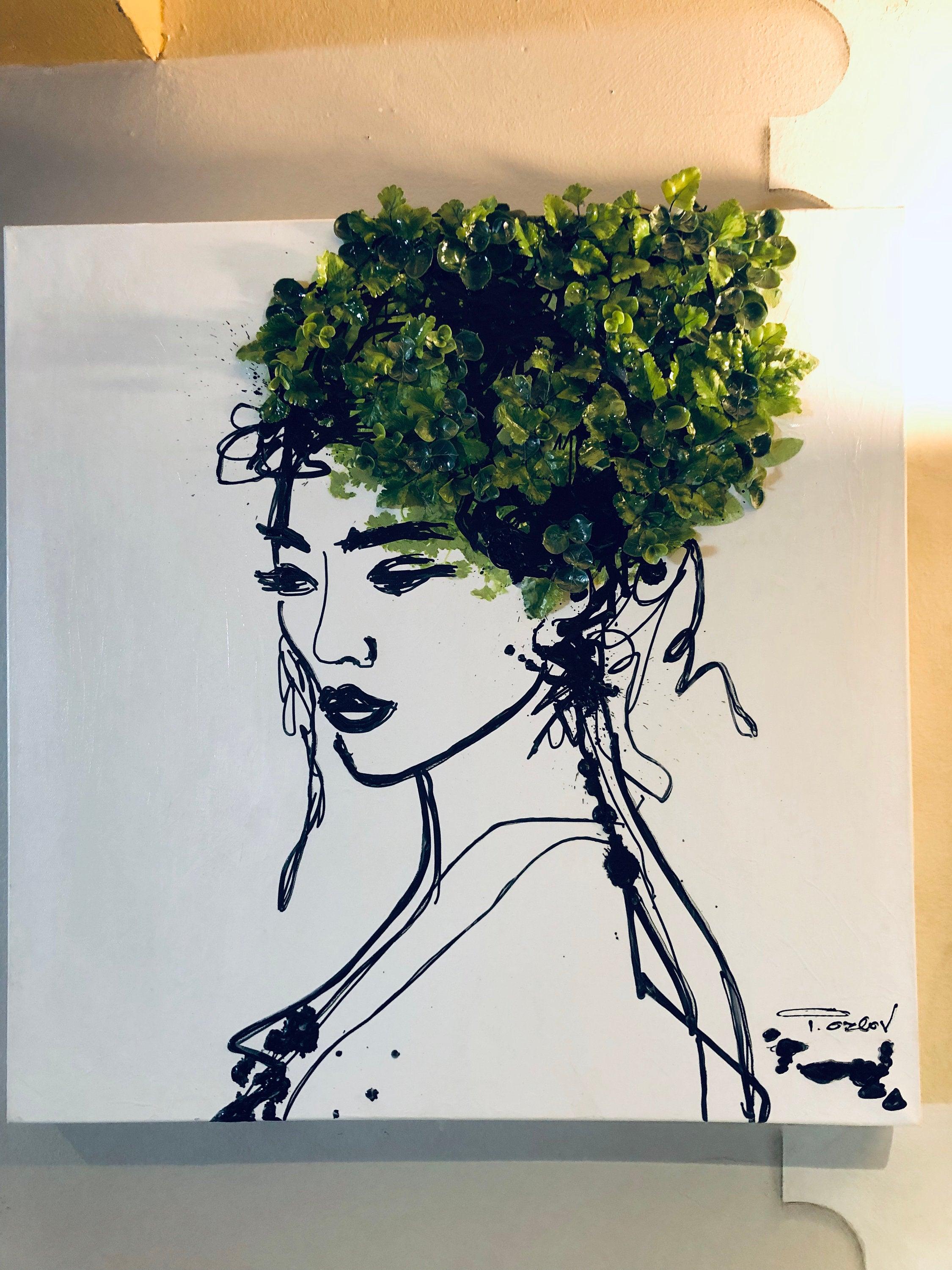 Belleza Mujer Primavera - Pintura acrílica y 3D sobre lienzo Diseño biofílico 24x24