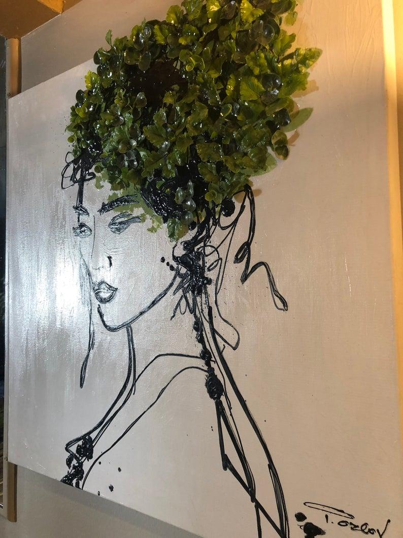 Beauty Spring Woman - Acryl- und 3D-Gemälde auf Leinwand Biophiles Design 24x24