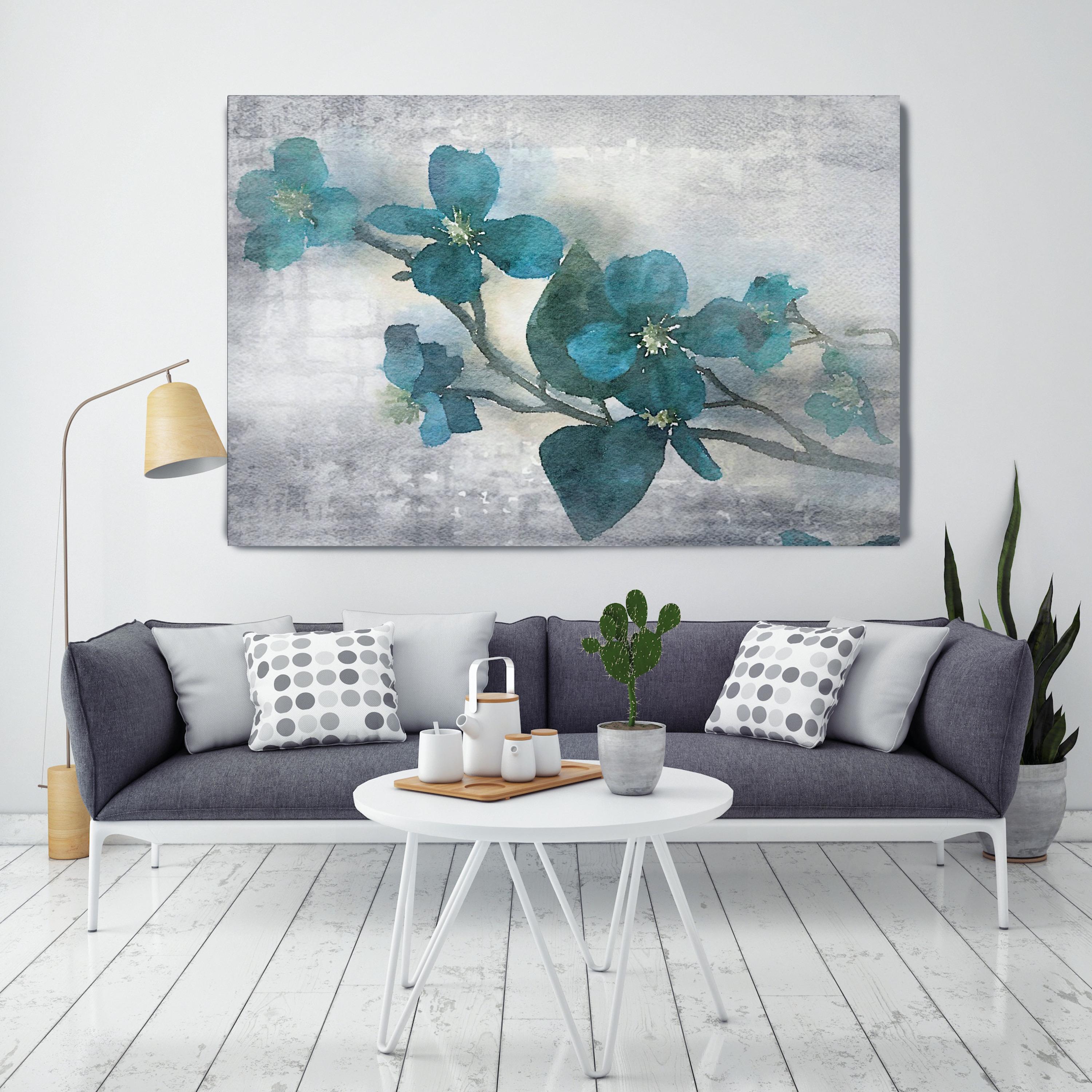 Rustikale Teal-Blumen Mixed Media Leinwand 60W X 40H