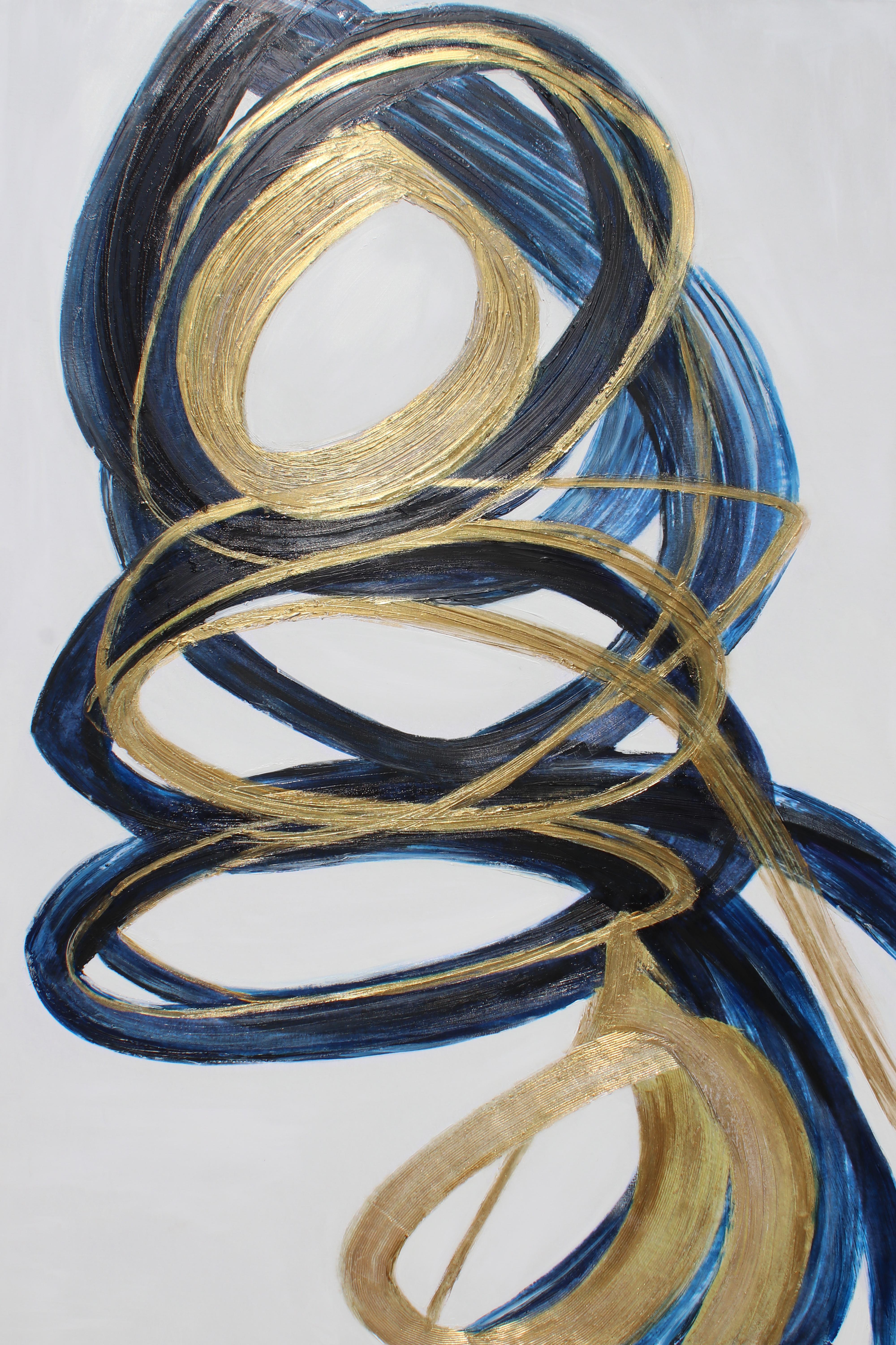 Círculos dorados azules Pintura abstracta sobre lienzo Giclee texturado 45 x 72 pulgadas