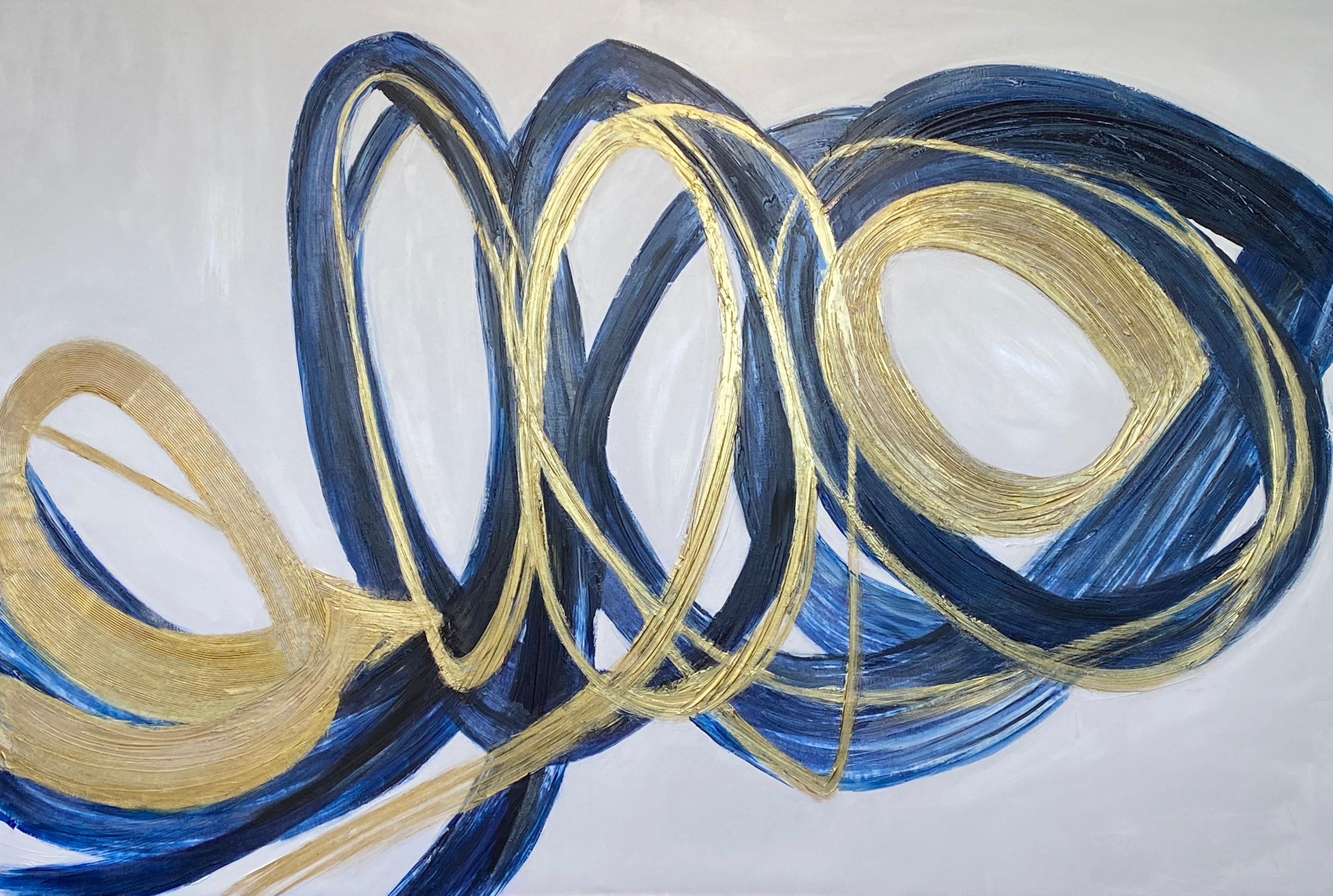 Quadro astratto con cerchi blu e oro su tela con texture Giclee 45 x 72 pollici - Painting di Irena Orlov