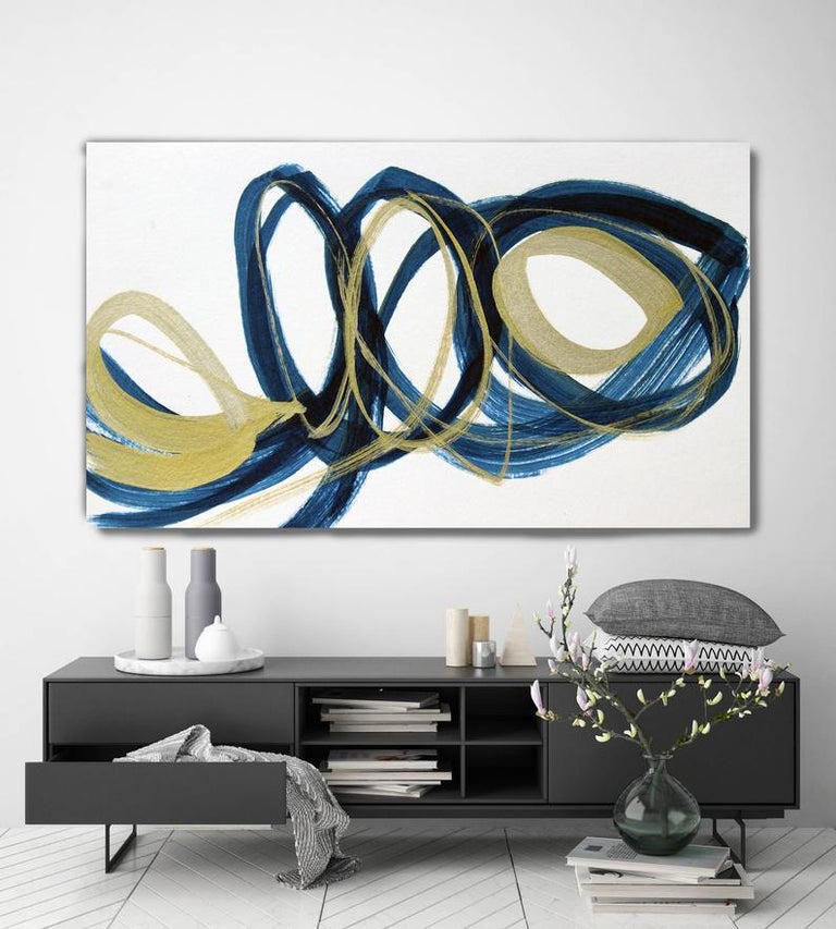 Blue Gold Circles Abstract Painting Art on Canvas Textured Giclee 45 x 72 inches For Sale 2