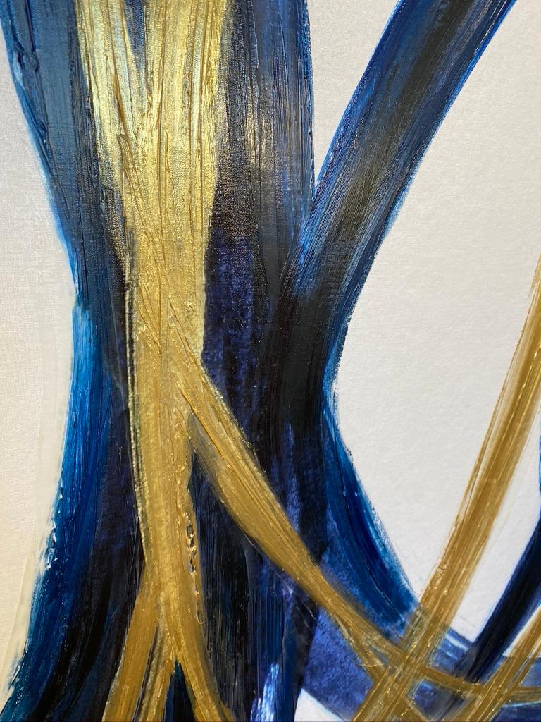 Quadro astratto con cerchi blu e oro su tela con texture Giclee 45 x 72 pollici in vendita 2
