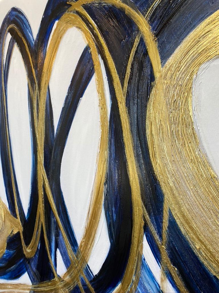 Blue Gold Circles Abstract Painting Art on Canvas Textured Giclee 45 x 72 inches For Sale 7