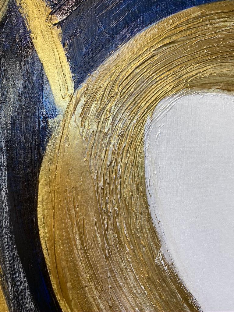 Blue Gold Circles Abstract Painting Art on Canvas Textured Giclee 45 x 72 inches For Sale 9