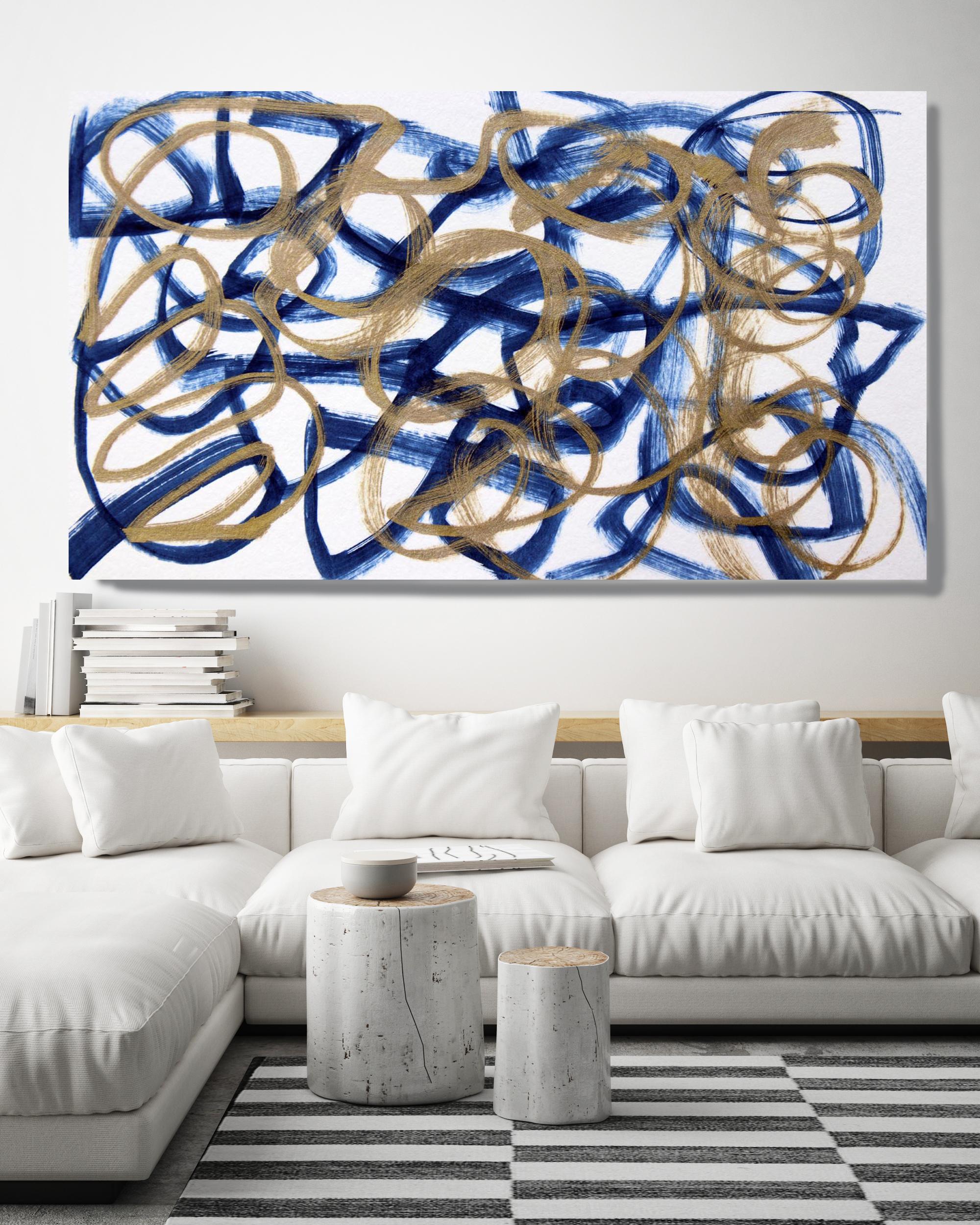 Blue Gold Minimalist t Painting Art on Canvas Textured Giclee 45 x 72 inches