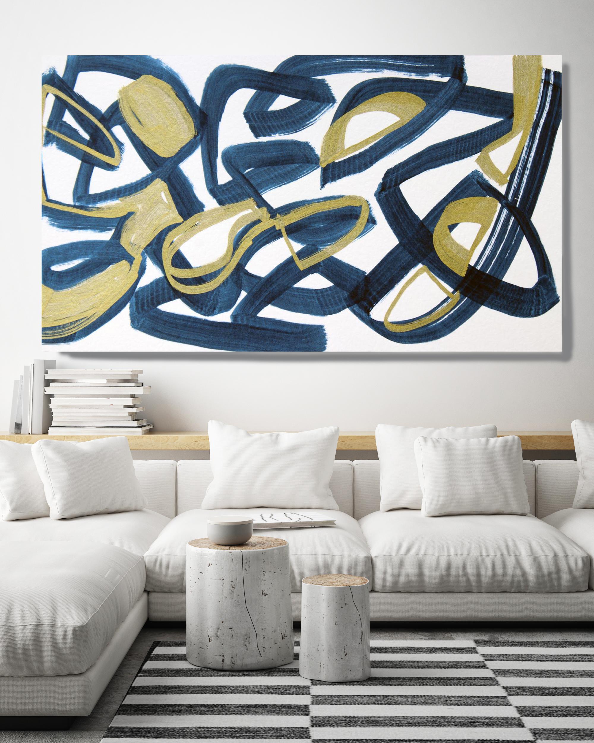 Blue Gold Minimalist Painting Art on Canvas Textured Giclee 45 x 72 inches
