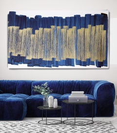 Blue Gold Minimalist Painting 09-24-2 on Canvas Textured Giclee 45 x 72 inches