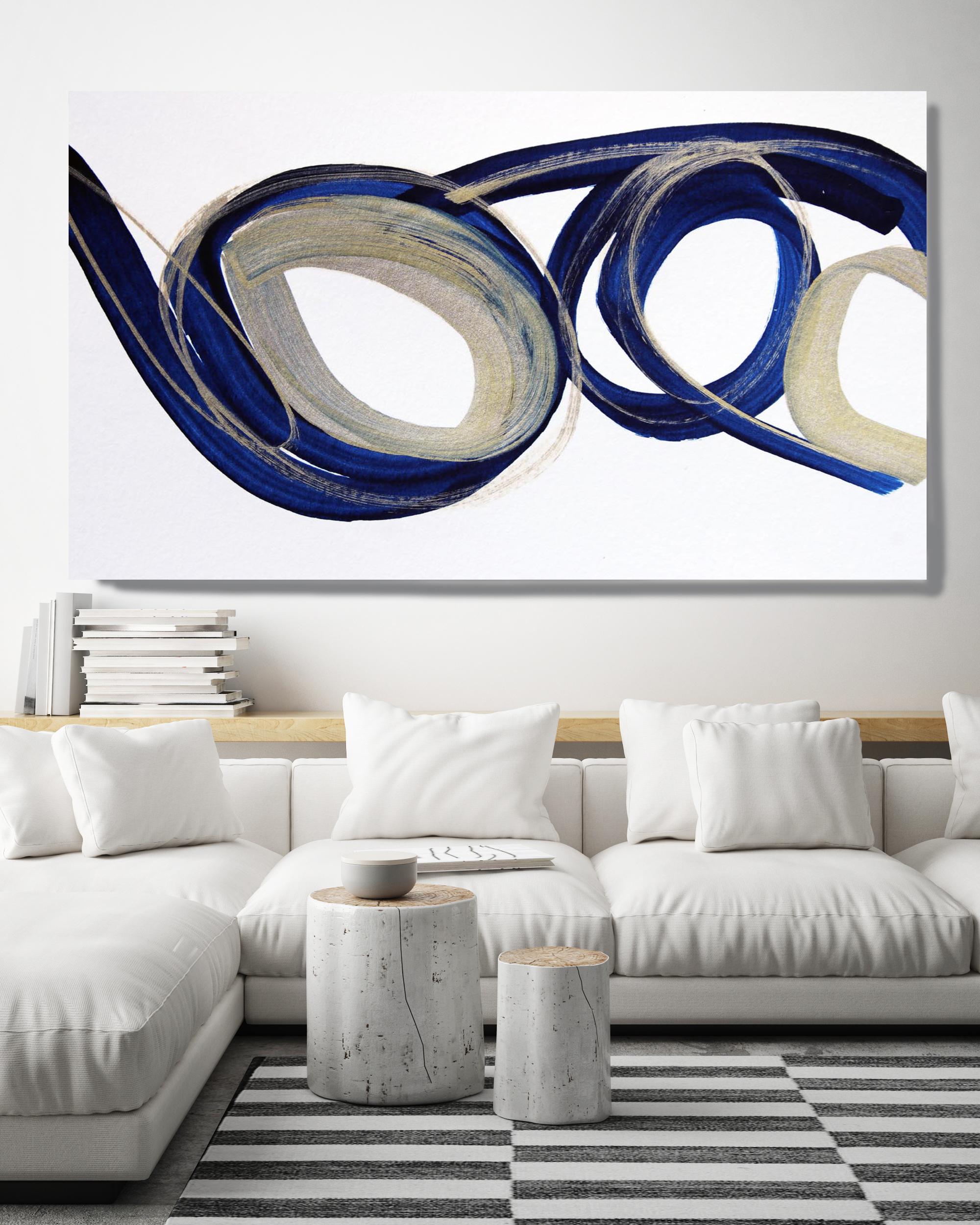 Círculos dorados azules Pintura abstracta sobre lienzo Giclee texturado 45 x 72 pulgadas