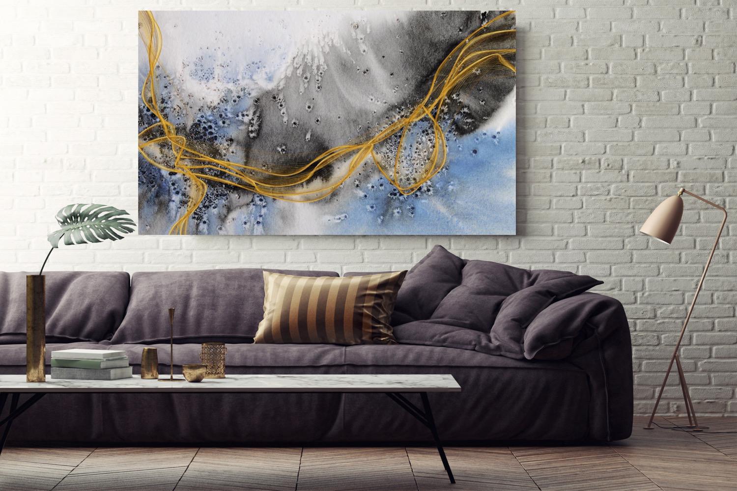 Irena Orlov Abstract Painting - Blue Gold Lines Coastal Watercolor Abstract on Canvas Textured Giclee 70 x 40