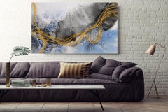 Blue Gold Lines Coastal Watercolor Abstract on Canvas Textured Giclee 70 x 40