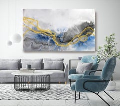 Blue Gold Coastal Watercolor Abstract  on Canvas Textured Giclee 70 x 40