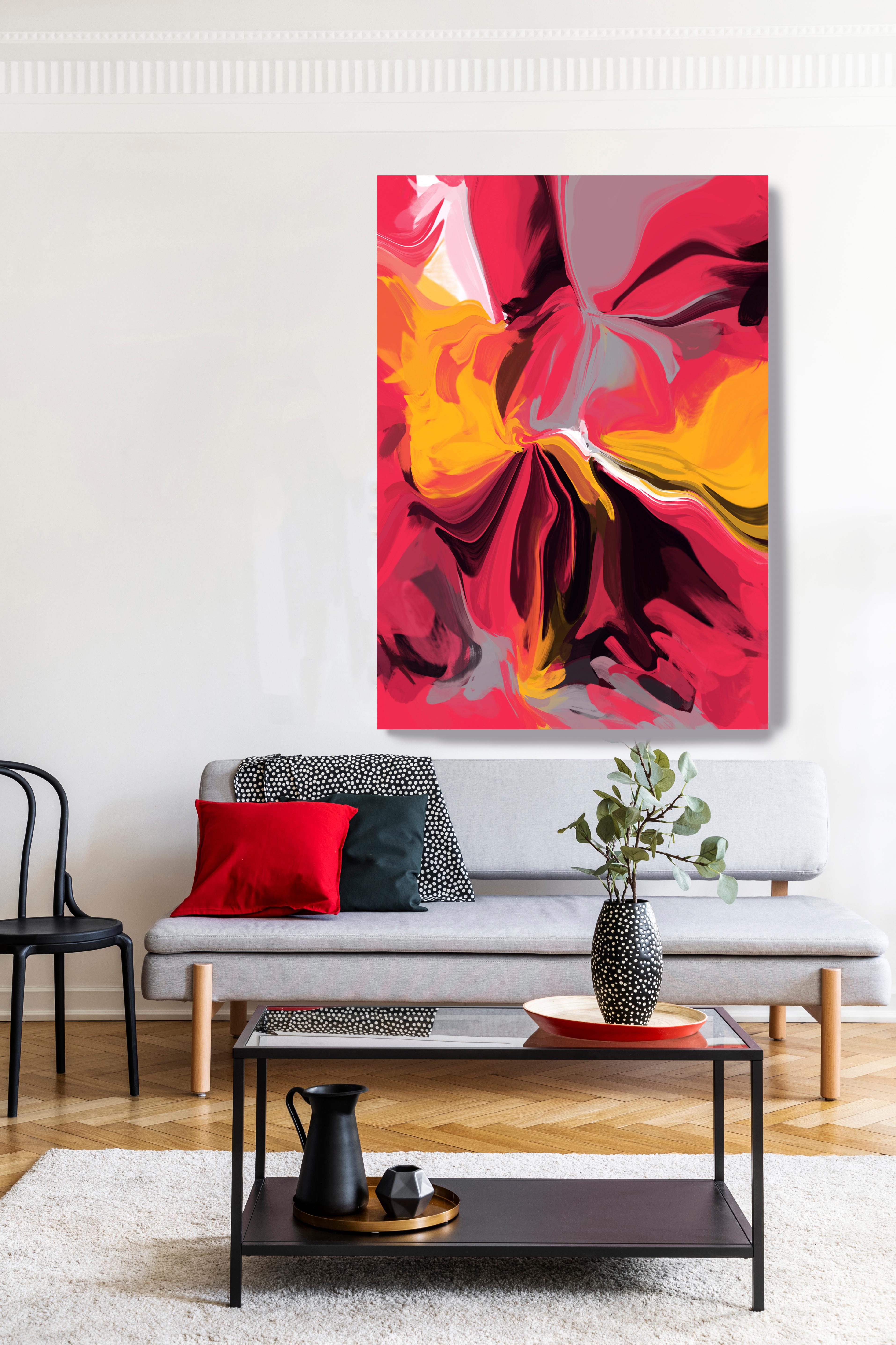 Irena Orlov Abstract Painting - Contemporary Red Black Painting Textured Giclee on Canvas 40x 60" Brightly