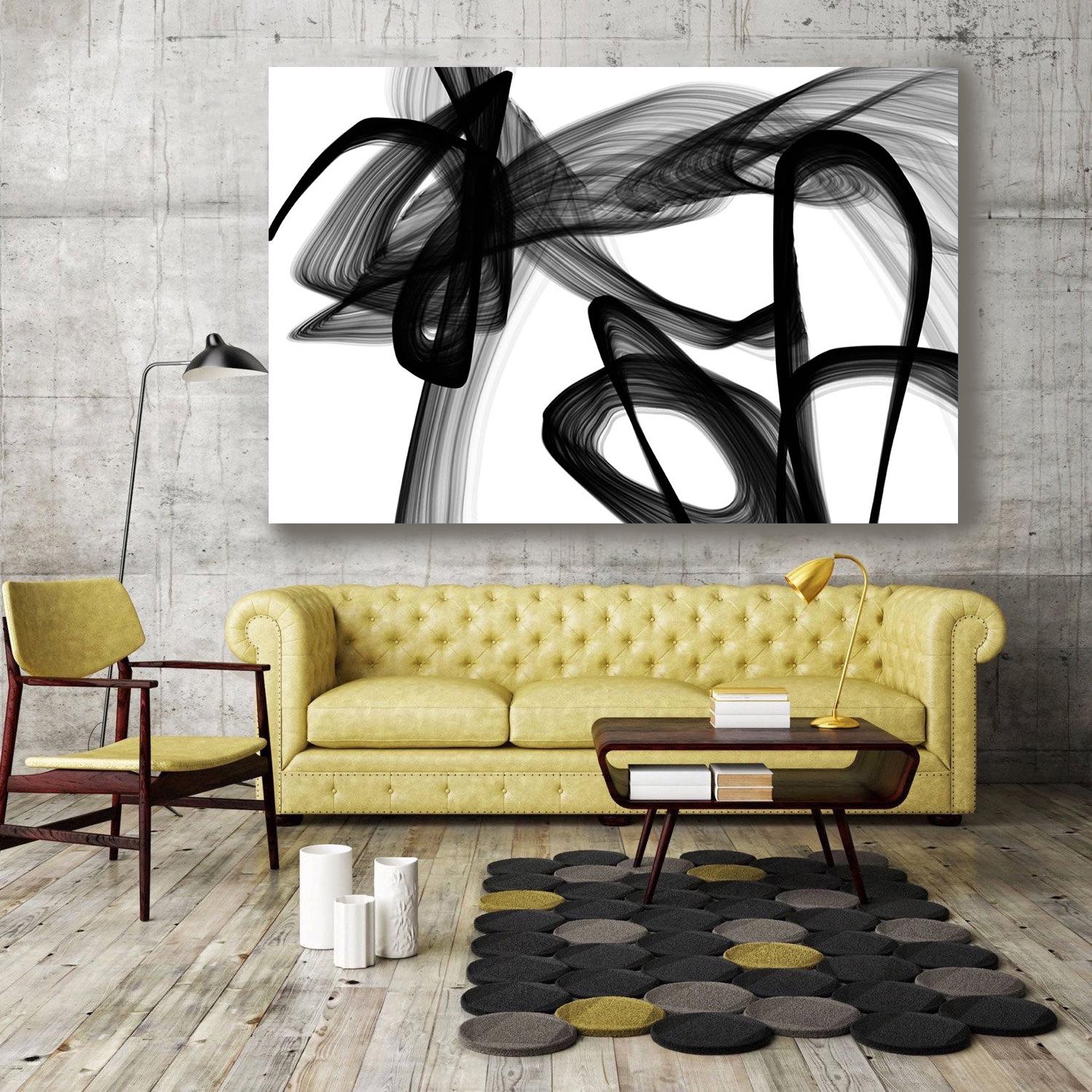 Pintura minimalista en blanco y negro, movimiento abstracto en blanco y negro 60 x 40 - Painting de Irena Orlov