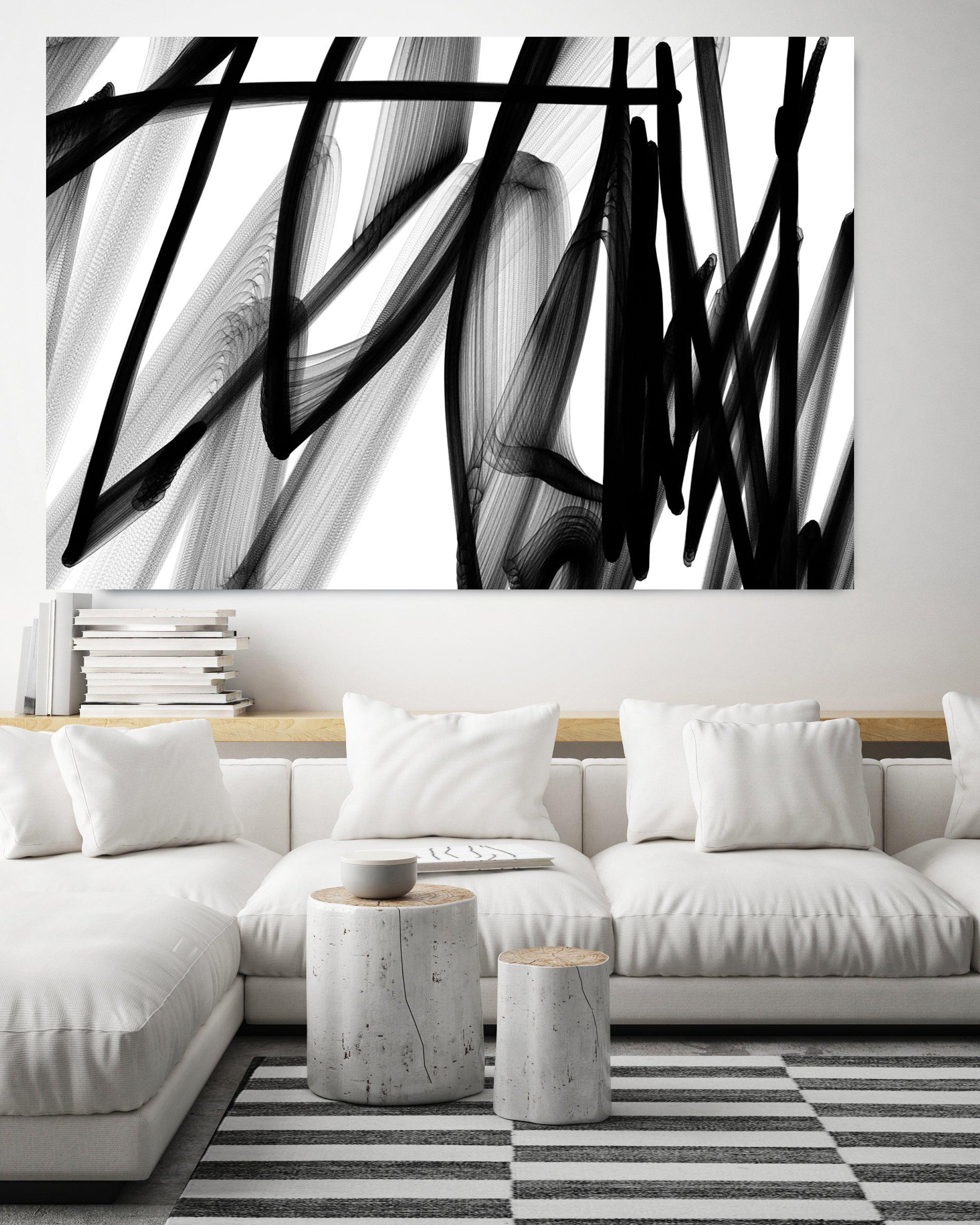 Schwarz-weißes zeitgenössisches abstraktes Gemälde auf Leinwand, „Der Wind“, New Media, 40X60 Zoll (Minimalistisch), Mixed Media Art, von Irena Orlov