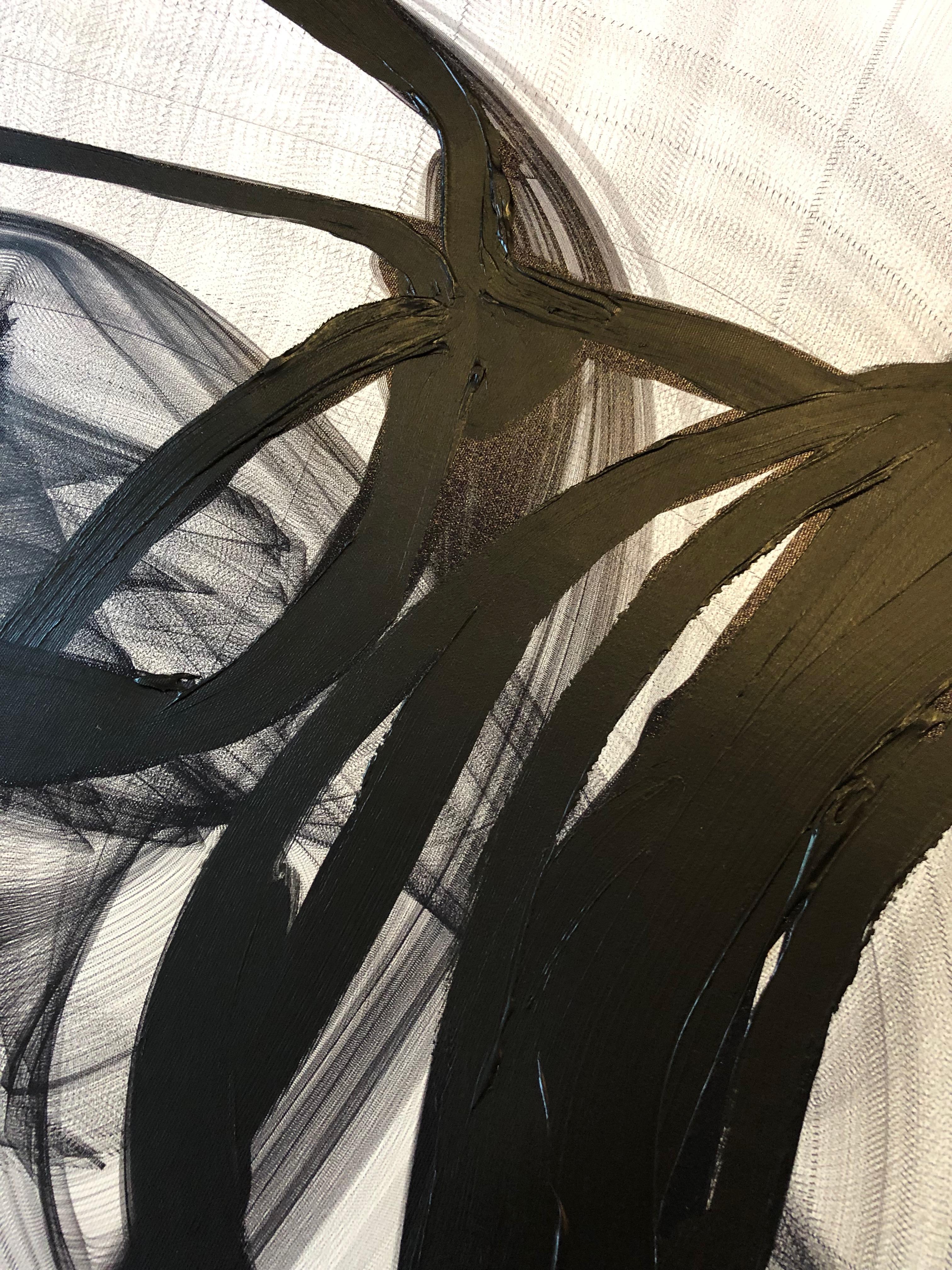 Schwarz-weißes zeitgenössisches abstraktes Gemälde auf Leinwand, „Der Wind“, New Media, 40X60 Zoll im Angebot 2