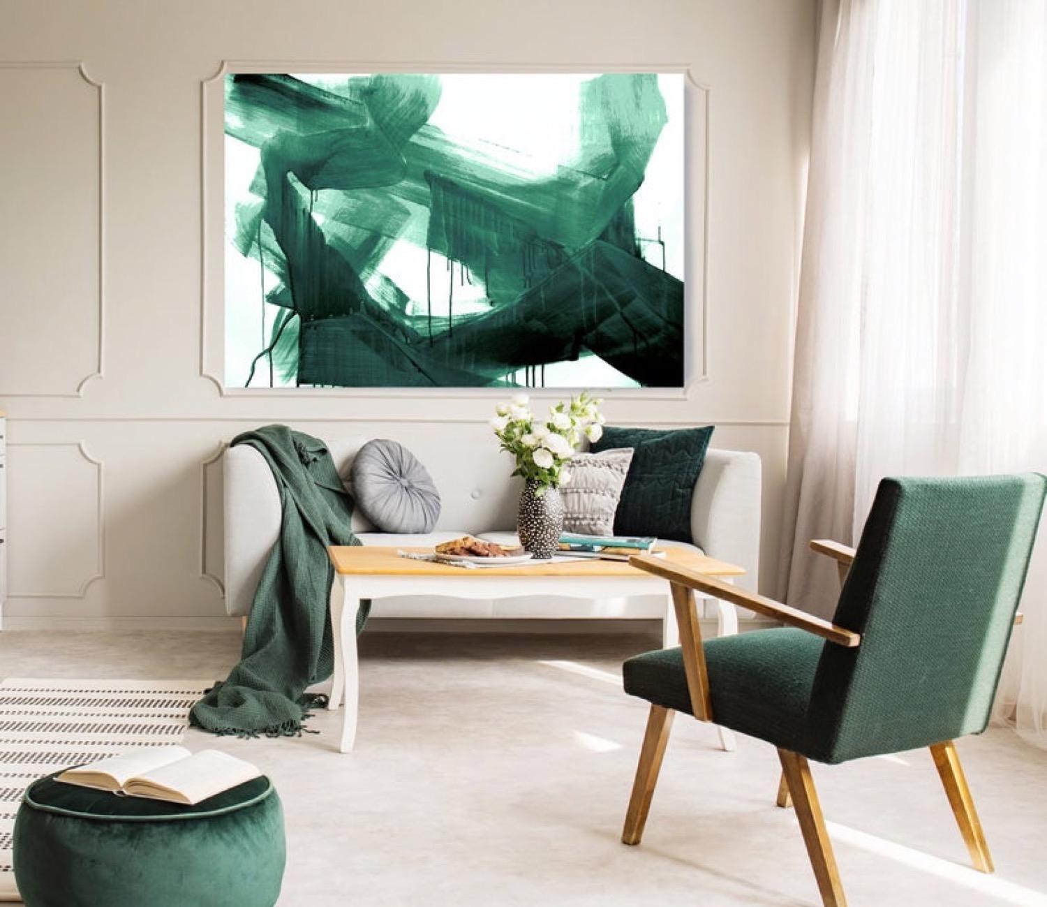Green Emerald Modern Art One of a Kind Hand Textured Giclee on Canvas 48 x 72
