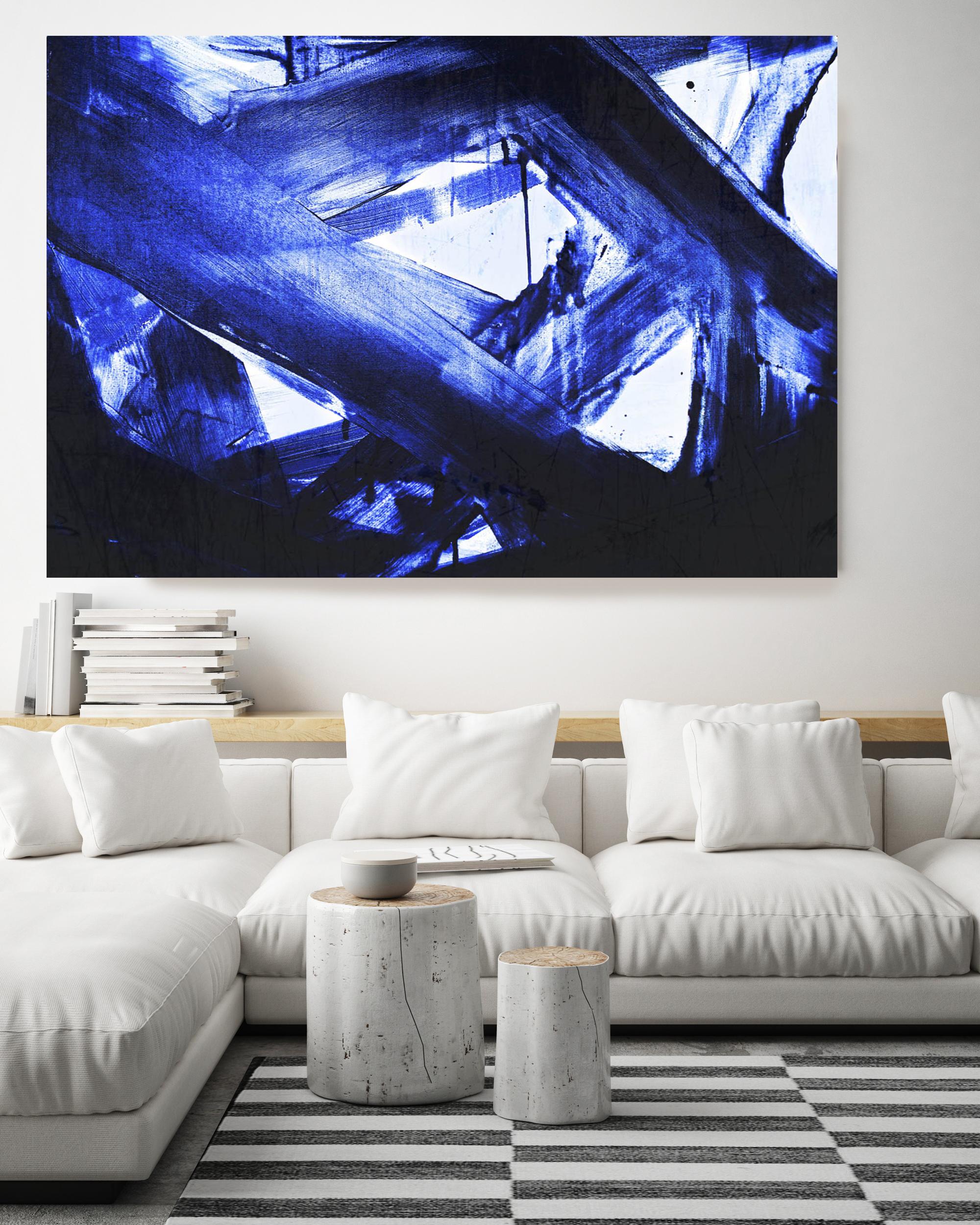 Blue Modern Painting Hand Textured Giclee on Canvas 72W x 48H