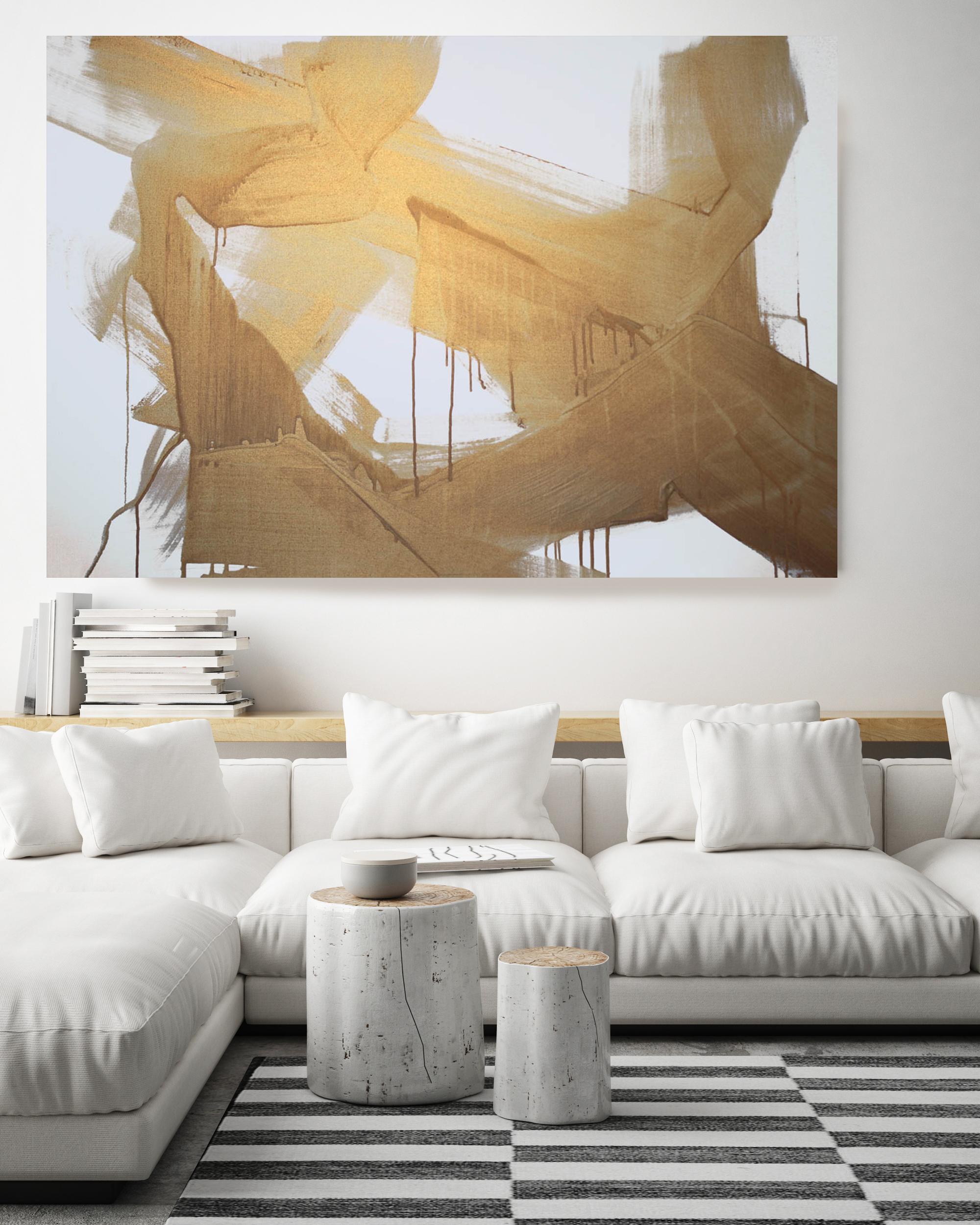 Gold Abstract Painting Hand Textured Giclee on Canvas,  Free-Spirited 48 x 72