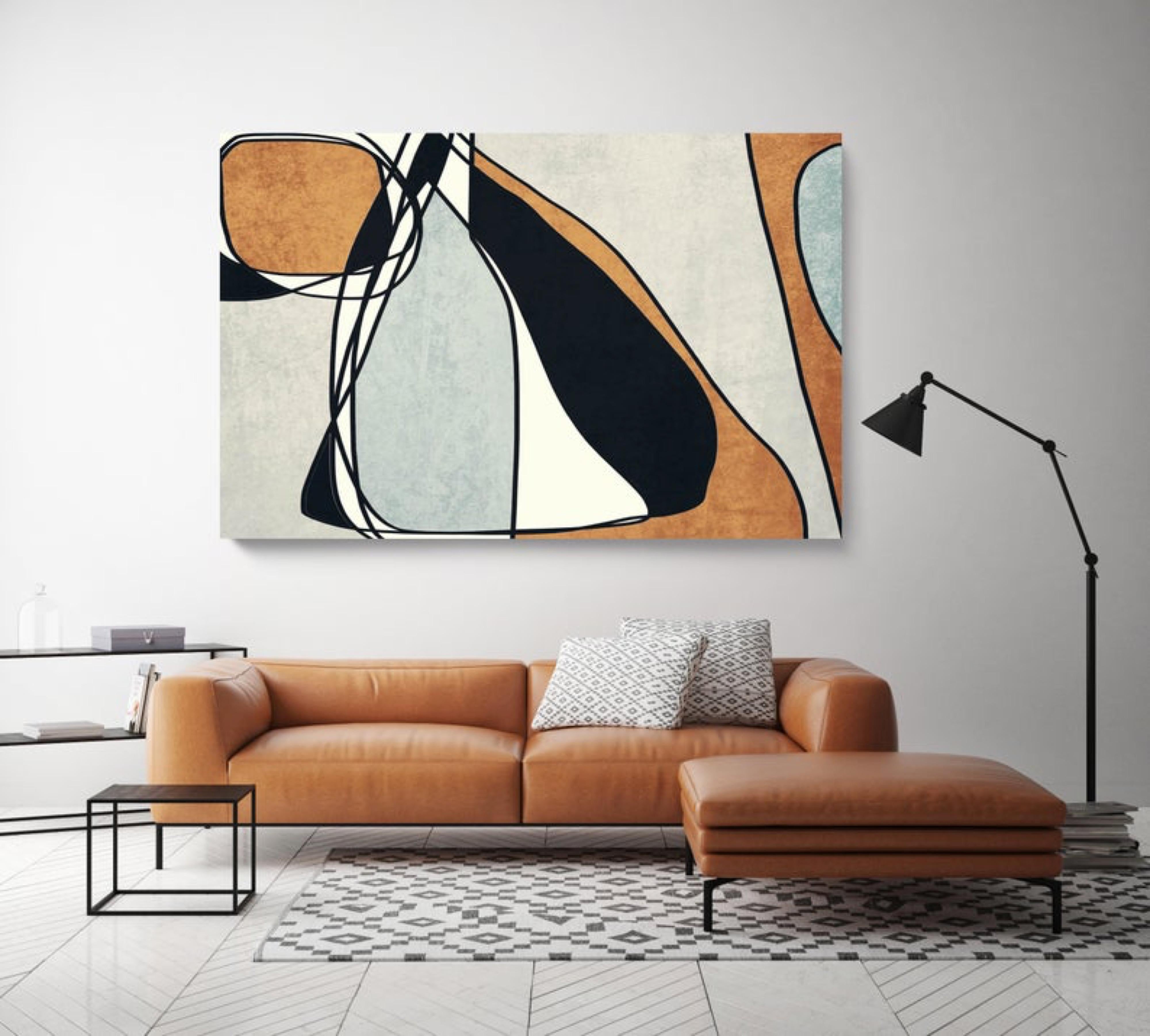 Mid Century Modern Art Line Art Painting Mixed Media on Canvas