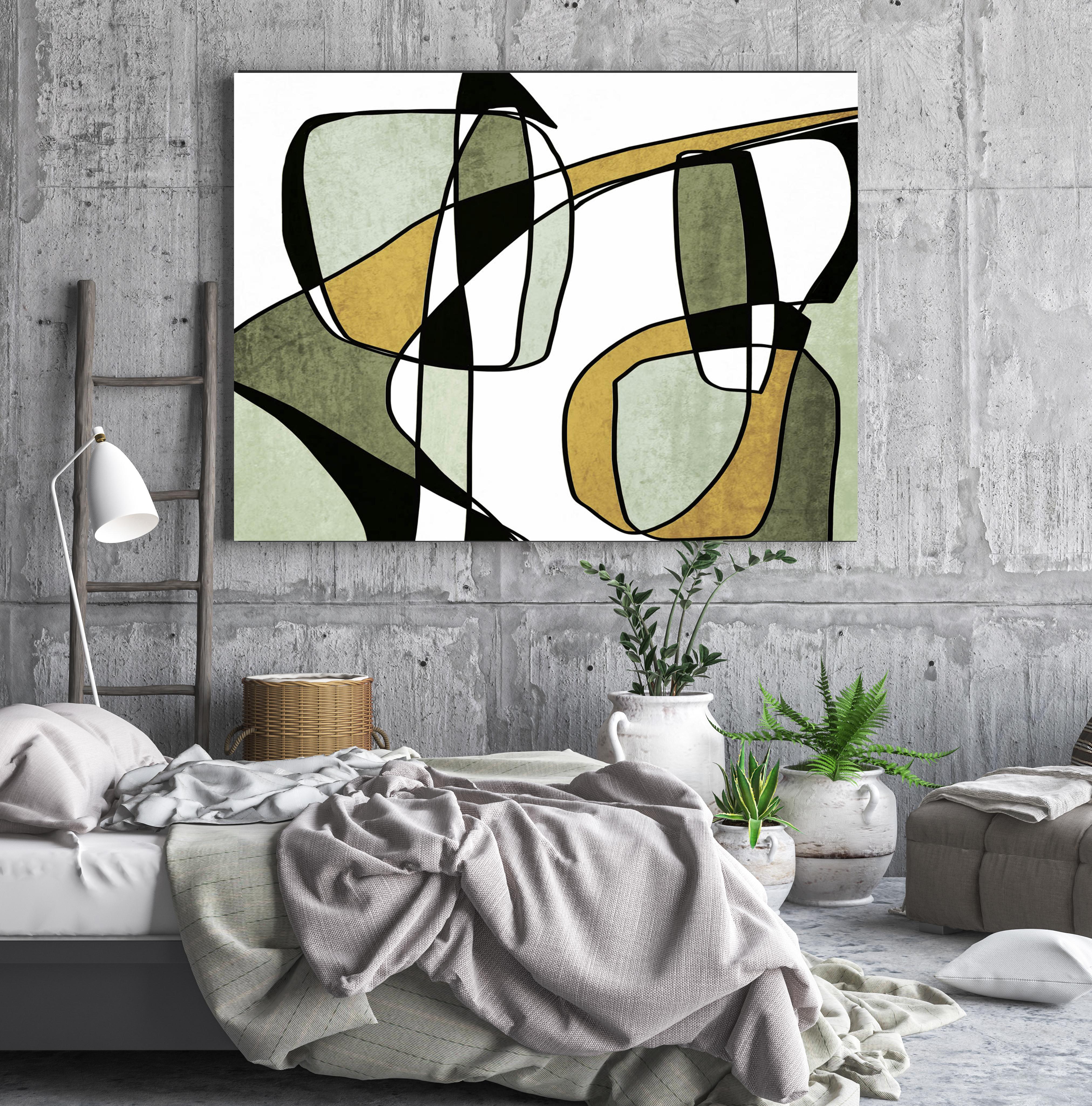 Olive Green Modern Line Art Hand Embellished Giclee on Canvas 40 x 60
