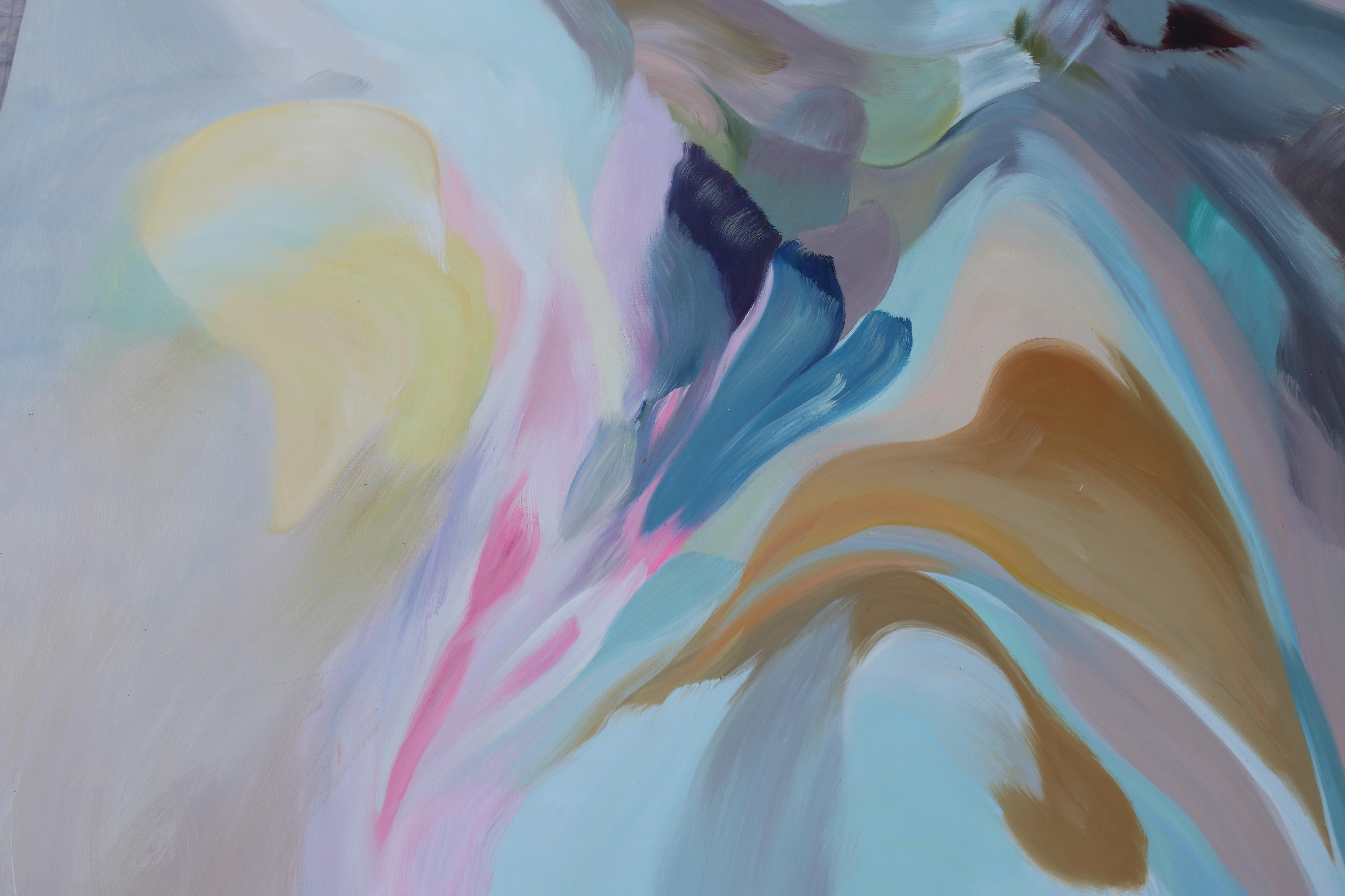 Peinture acrylique abstraite bleue, rose et rose sur toile 42 po. (H) x 68 po. (L) The Song of Blue Water - Bleu Interior Painting par Irena Orlov