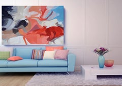 Red Blue Abstract Colorful Acrylic Painting on Canvas 51 x 74", Birth of an Idea