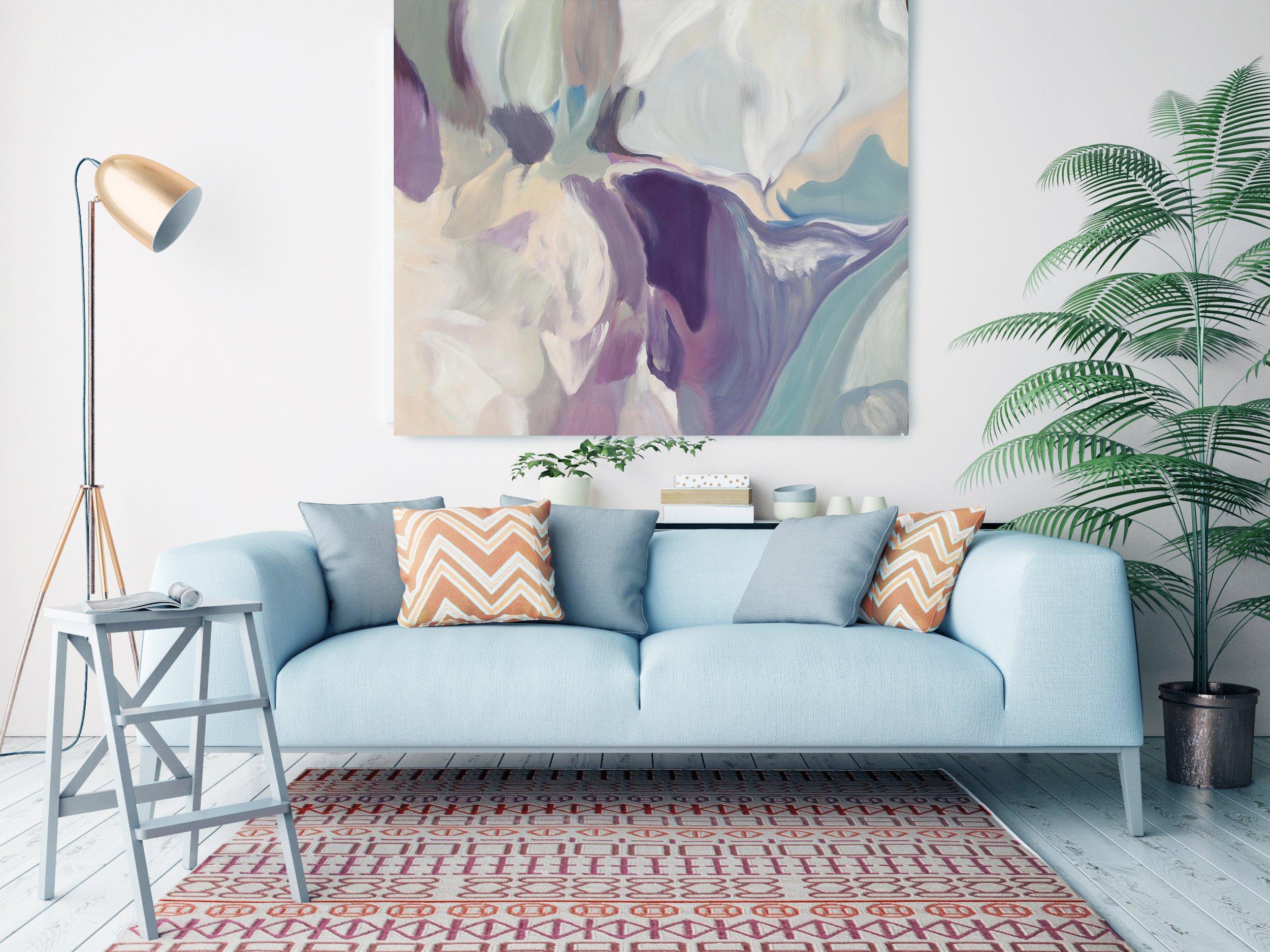 Abstraktes Ölgemälde auf Leinwand in Violett und Blau, 38 x 38 Zoll, Mixed Feelings, Irena Orlov im Angebot 1