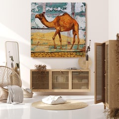 Camel, Rustic Camel Mixed Media Painting on Canvas 45x45" Farmhouse Wall Art