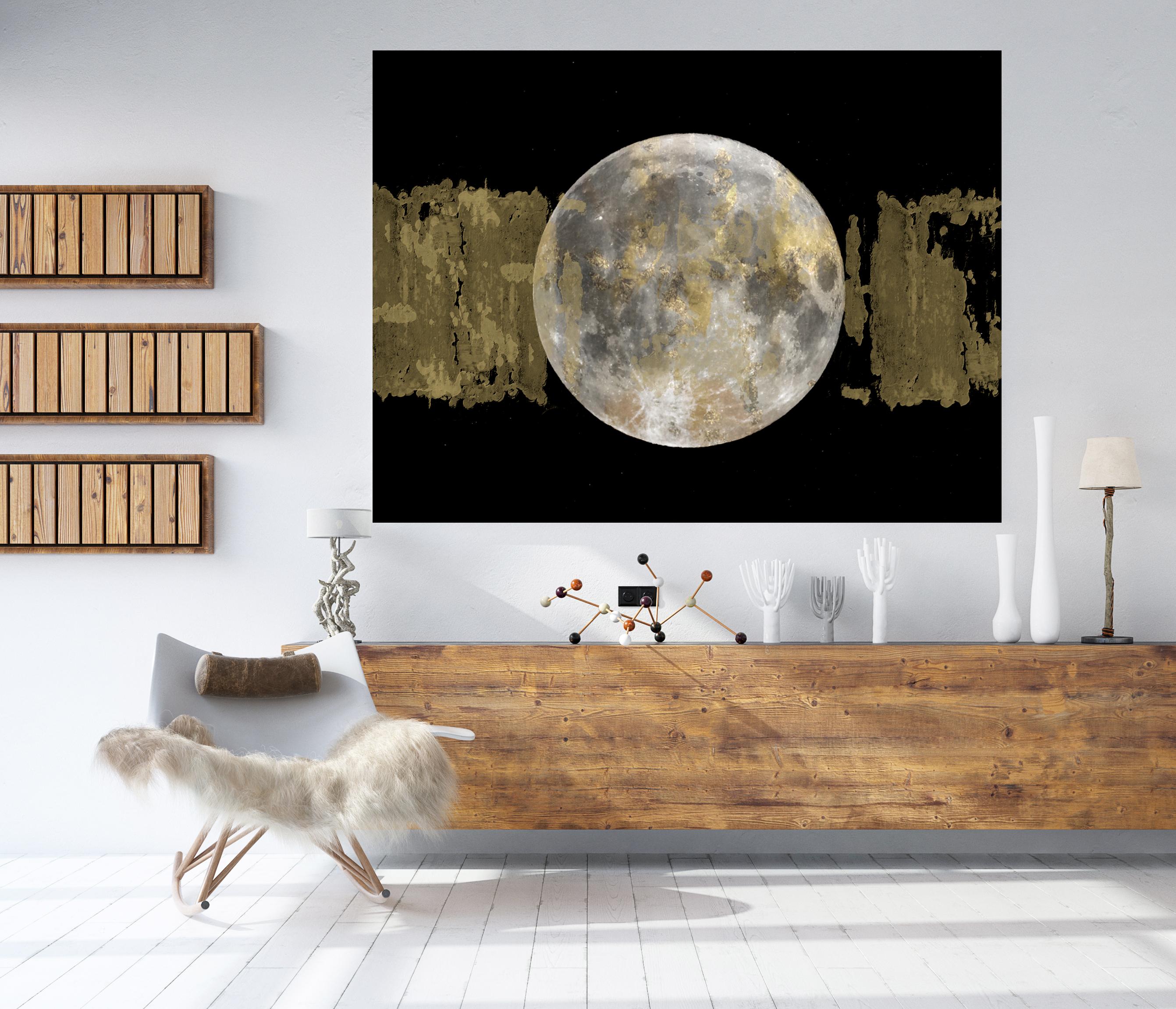 Gold Moon 3, Gold Black Silver Moon Mixed Media Painting On Canvas 40 x 54"