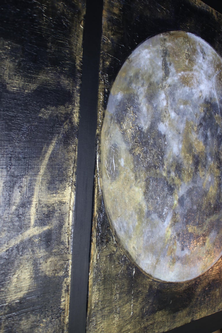 Gold Moon 5, Gold Black Silver Moon Mixed Media Painting On Canvas 54x72