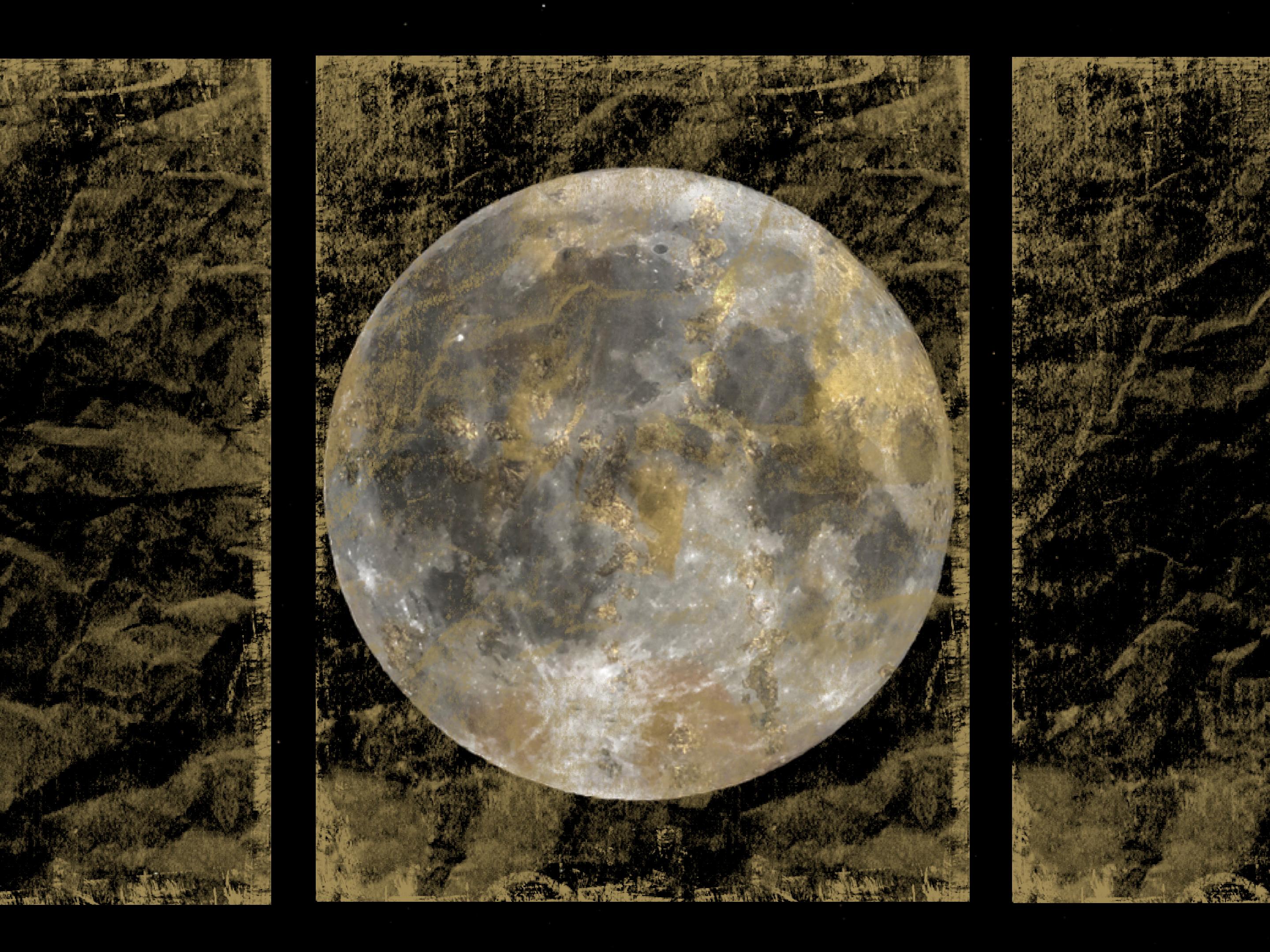Gold Moon 5, Gold Black Silver Moon Mixed Media Painting On Canvas 54x72" Space
