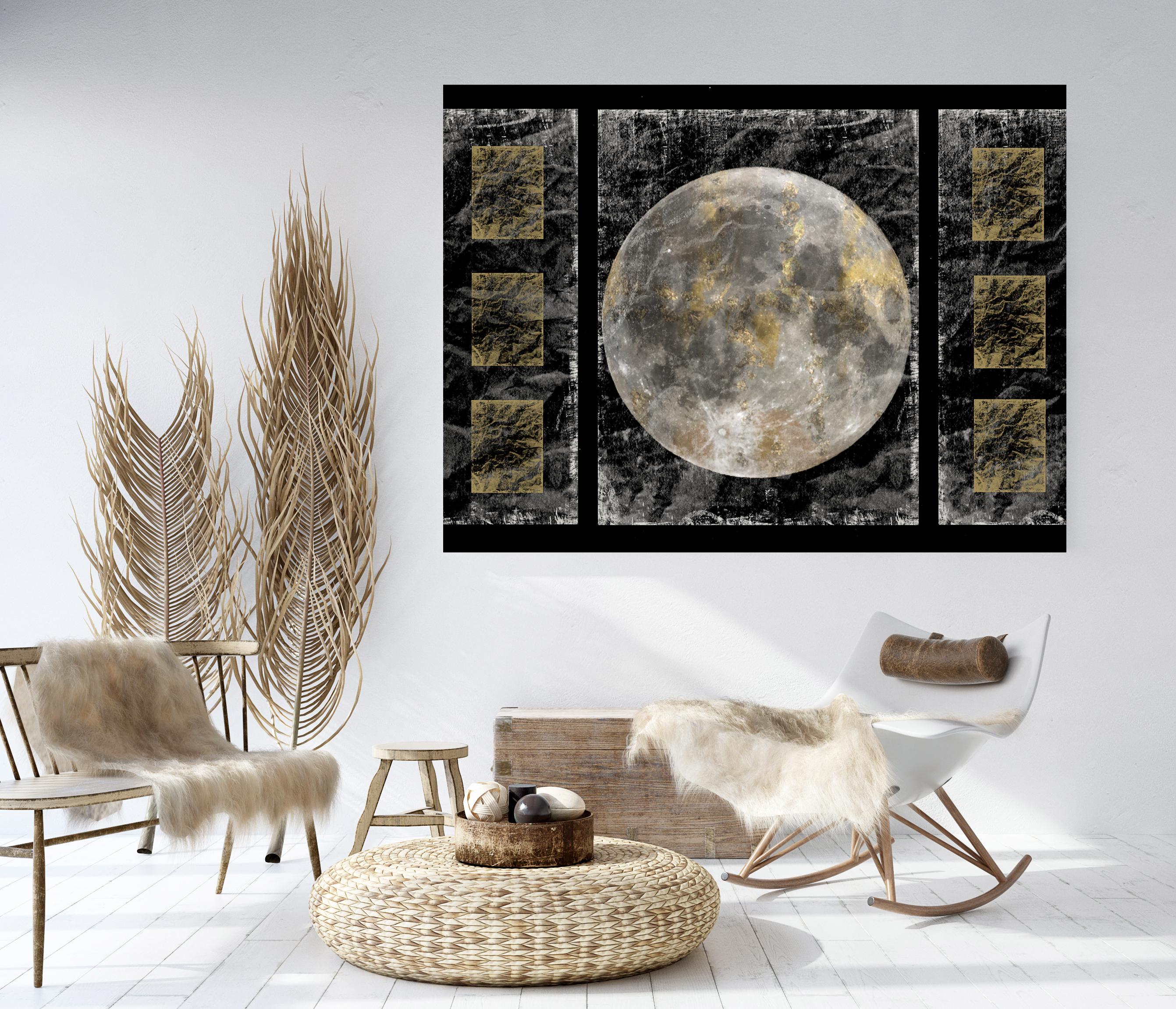 Space, Gold Moon 4, Gold Black Silver Moon Mixed Media Painting On Canvas 40x54"