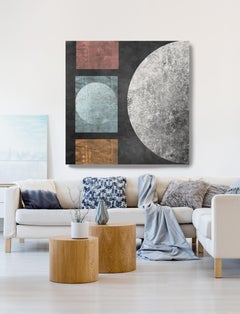 Dimensions de la géométrie MYSTERY MOON 6, peinture sur toile technique mixte 122 x 122 cm espace astrologique