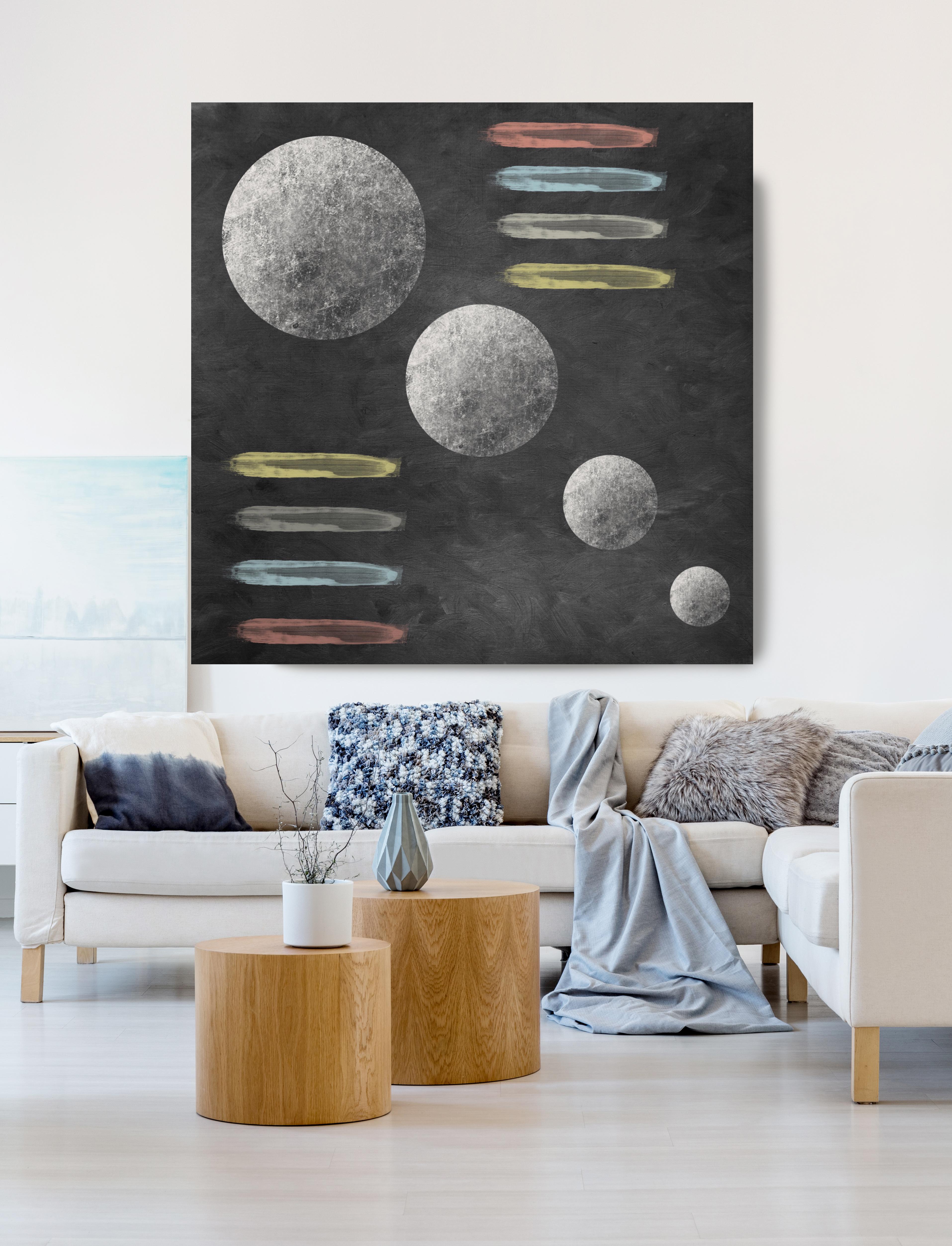Geometric MOON 15 Black Painting Embellished Giclee On Canvas 45 x 45"  - Mixed Media Art by Irena Orlov
