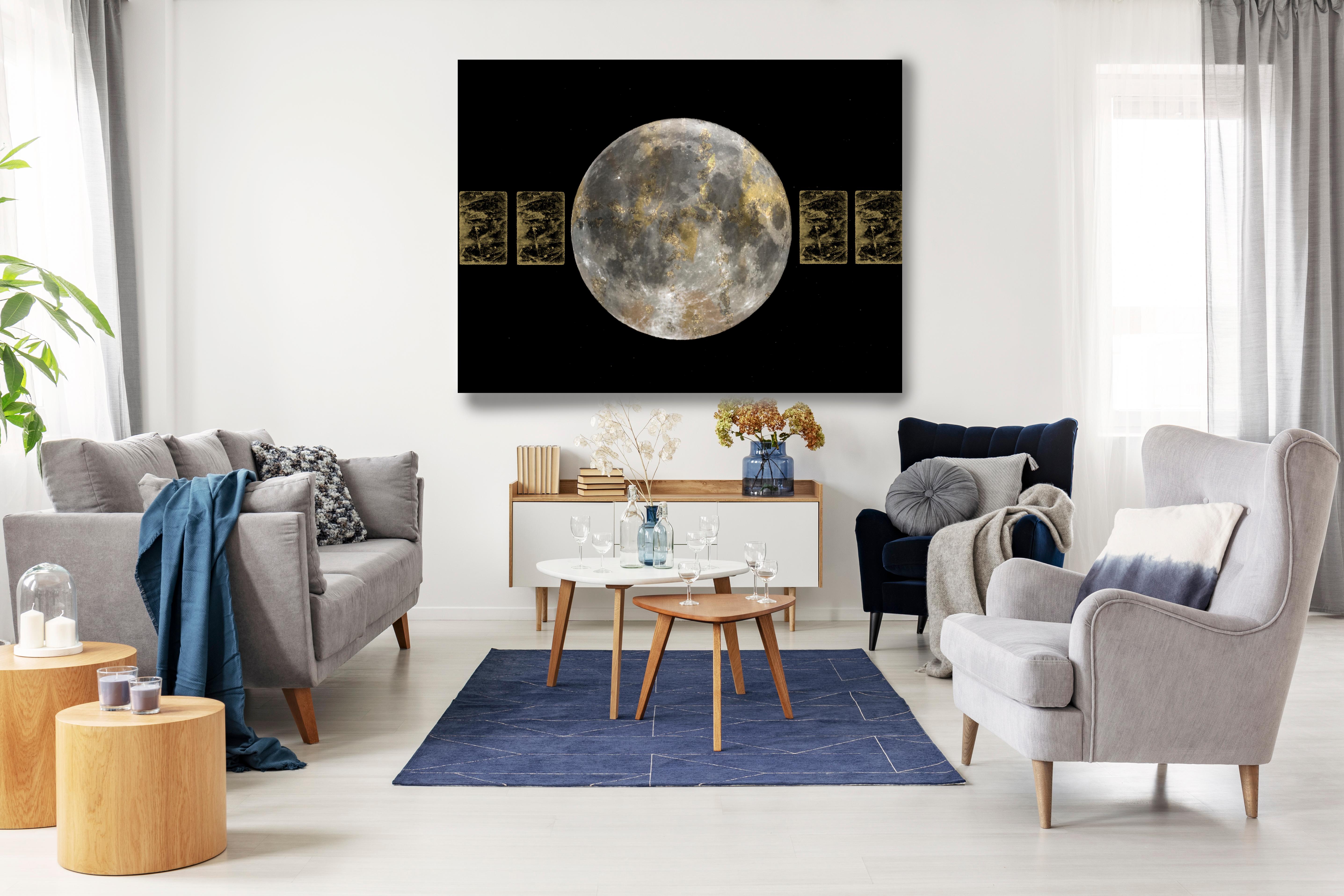 Gold MOON 4 Gold Black Space Painting Embellished Giclee On Canvas 45 x 60"  - Mixed Media Art by Irena Orlov