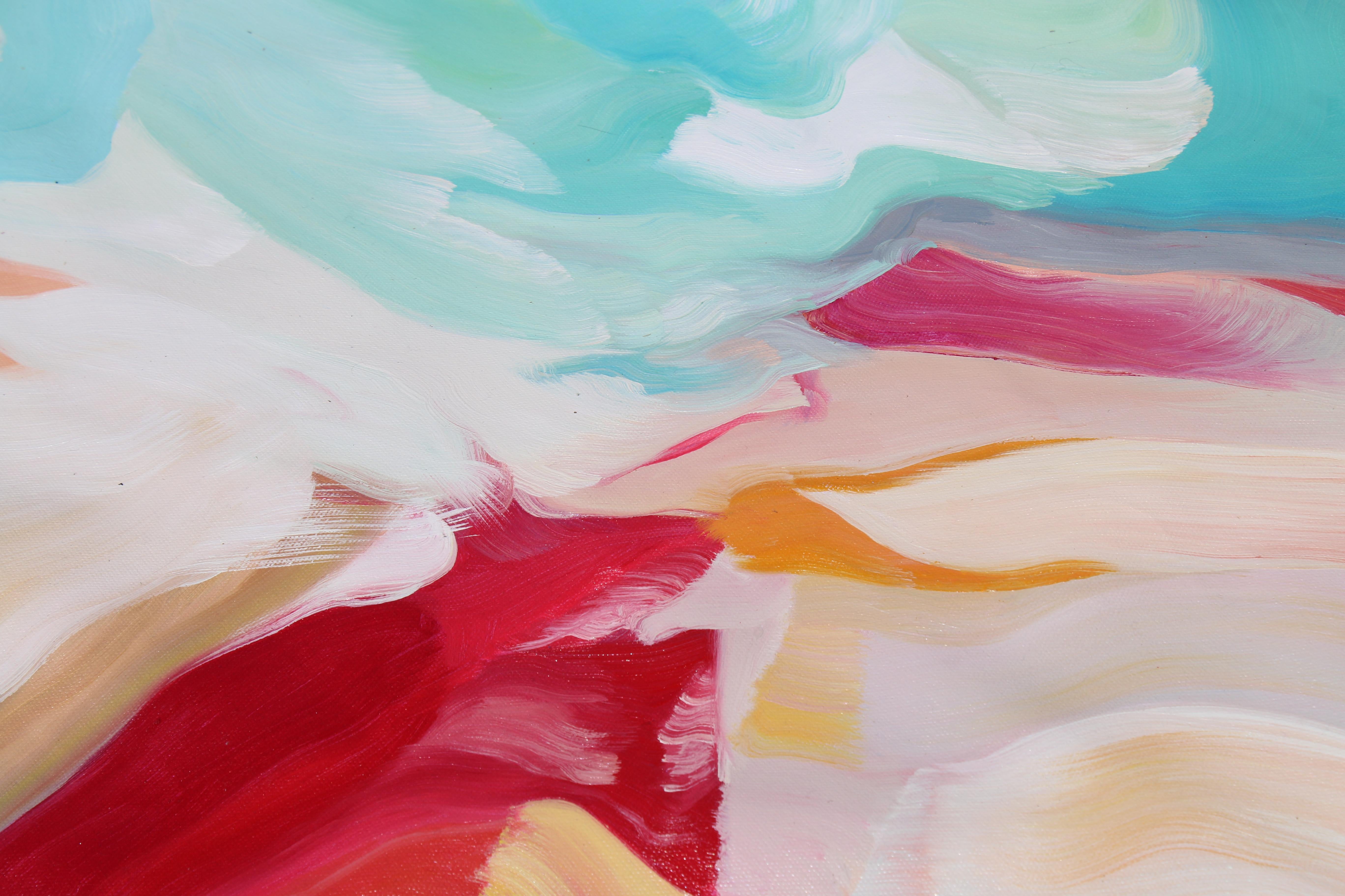 Pittura a olio astratta su tela rosso giallo turchese 36 x 36