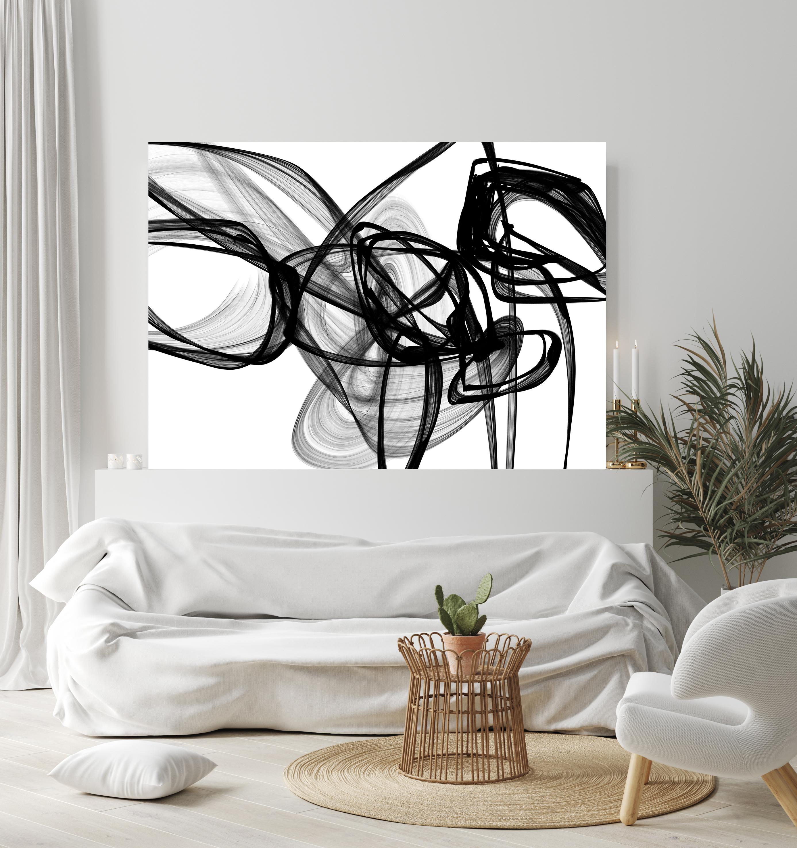 Abstract Black White New Media Painting on Canvas, Fight, Minimalist 68 x 46"