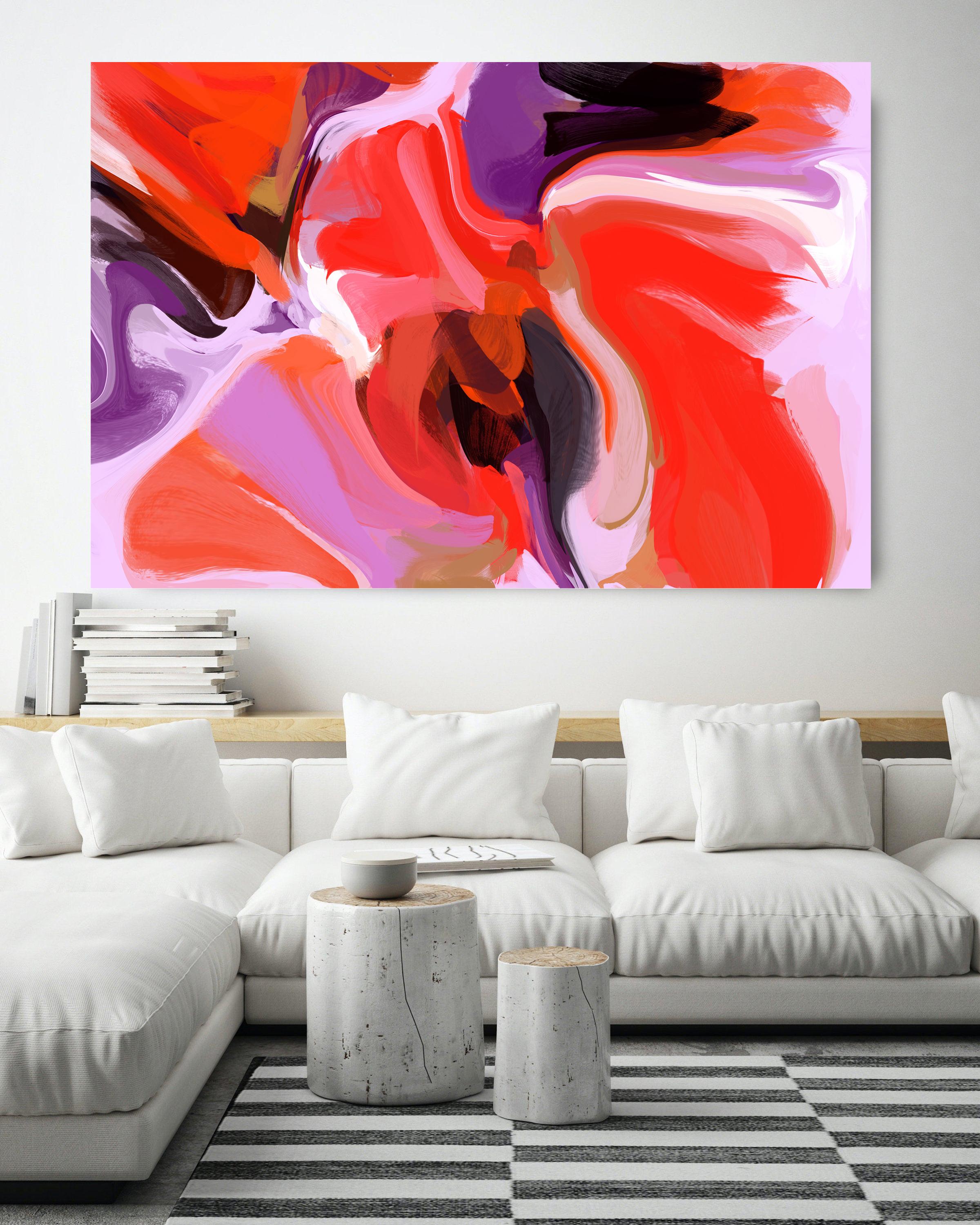 Irena Orlov Interior Painting - Red Purple Abstract Painting Textured Giclee on Canvas 40x 60" Fare Up