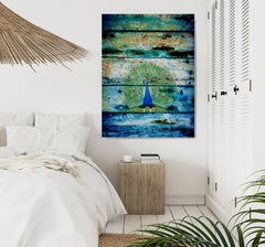 Peacock I, Blue Green Painting, Mixed Media Textured on Canvas 60 H X 40" W