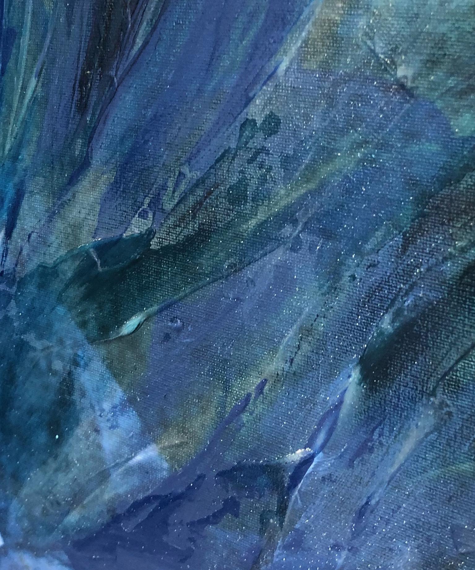 Peacock I, Blau-grünes Gemälde, Mischtechnik, strukturiert auf Leinwand 60 H X 40