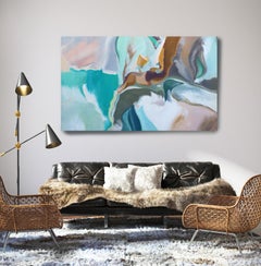 Pittura acrilica astratta blu marrone originale 42 H. X 68" L, Espressione di equilibrio