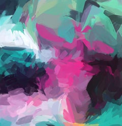 Green Pink Modern Art Hand Textured Giclee on Canvas 45x45" Shadow