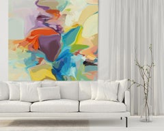Abstract Blue Yellow Flow Mixed Media on Canvas 45x45" Warm feelings