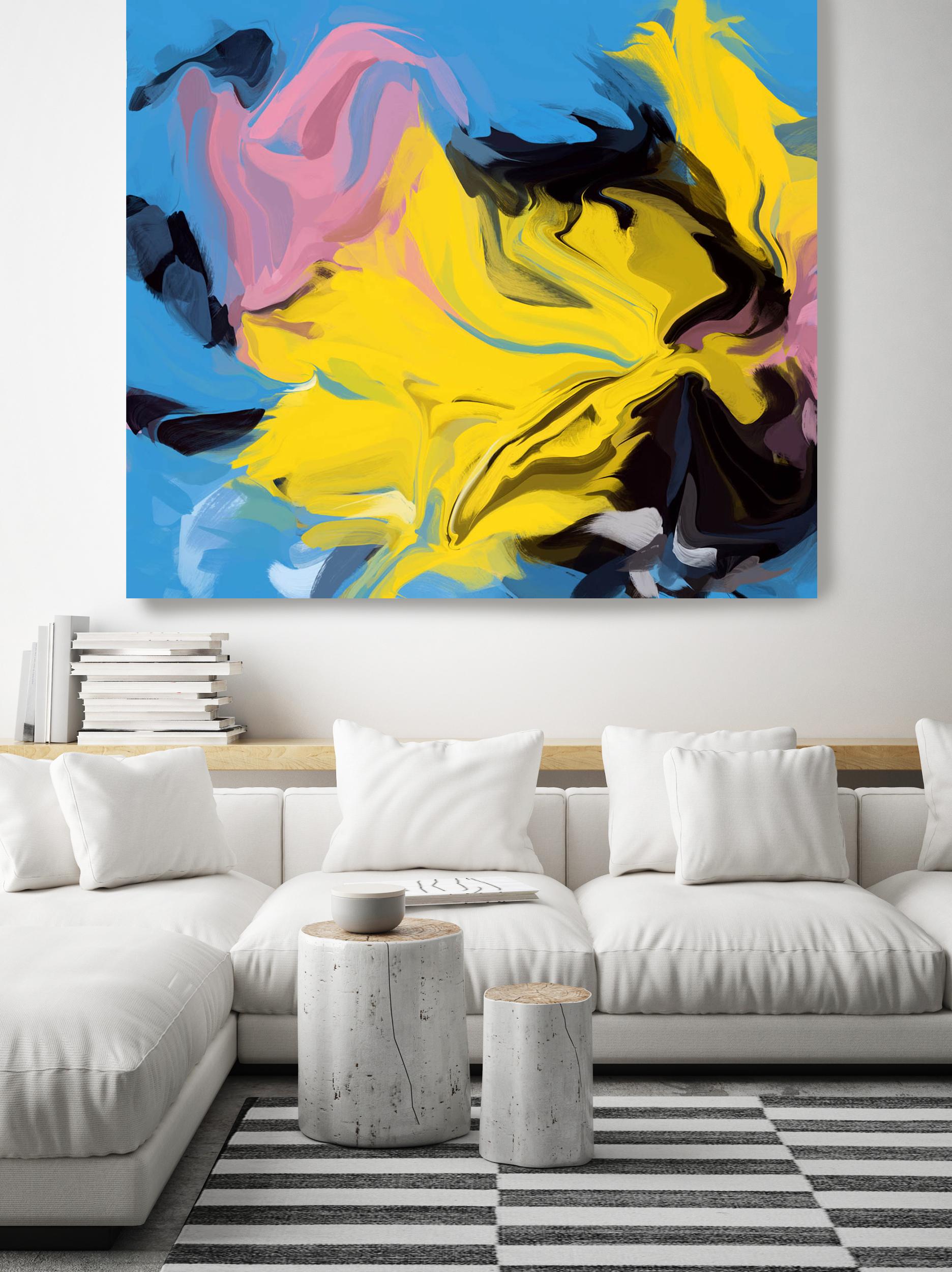 Pittura astratta blu-gialla in tecnica mista su tela 45x45