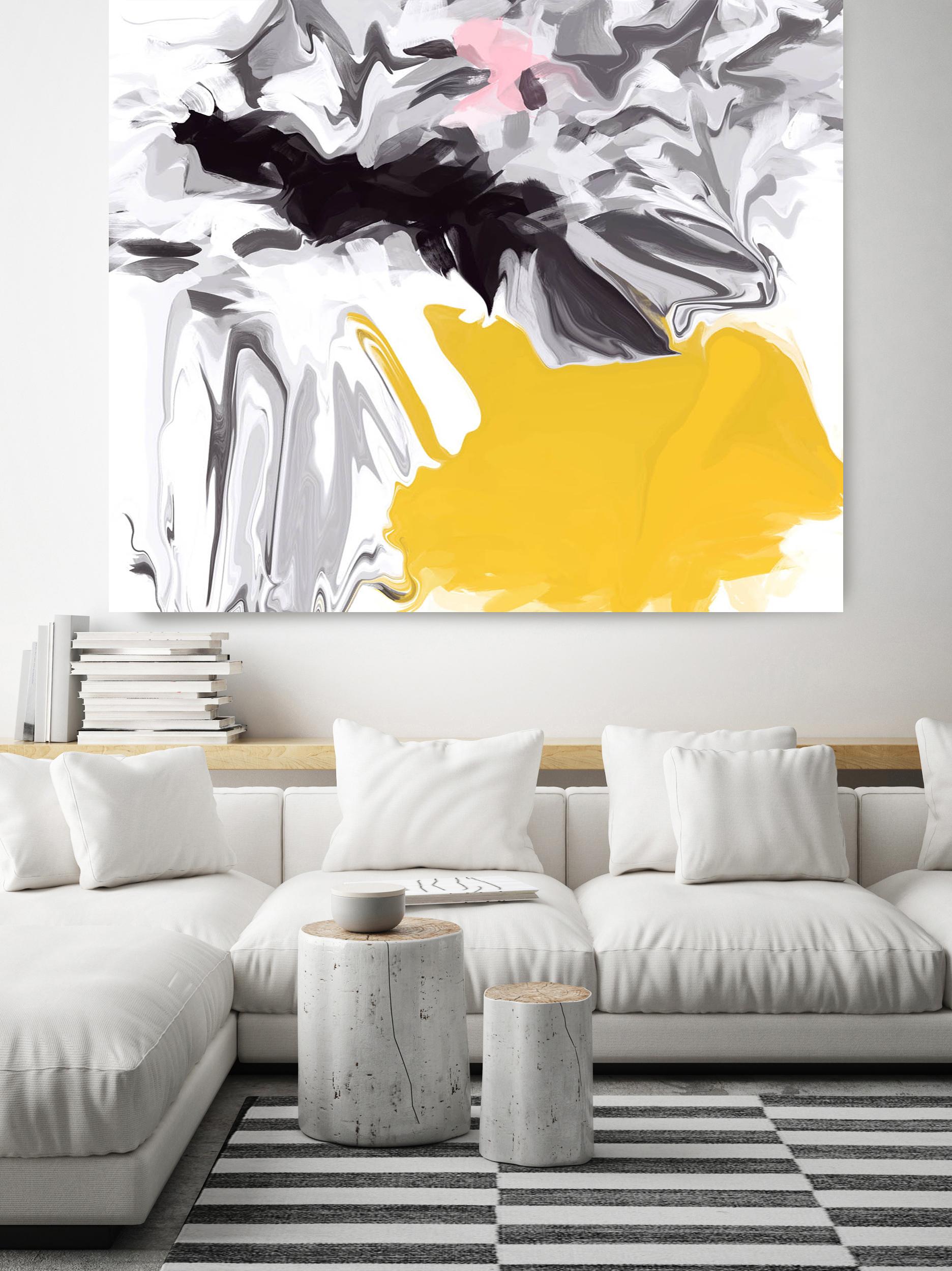 Technique mixte abstraite noire et jaune sur toile 45 x 45 pouces" mots cachés