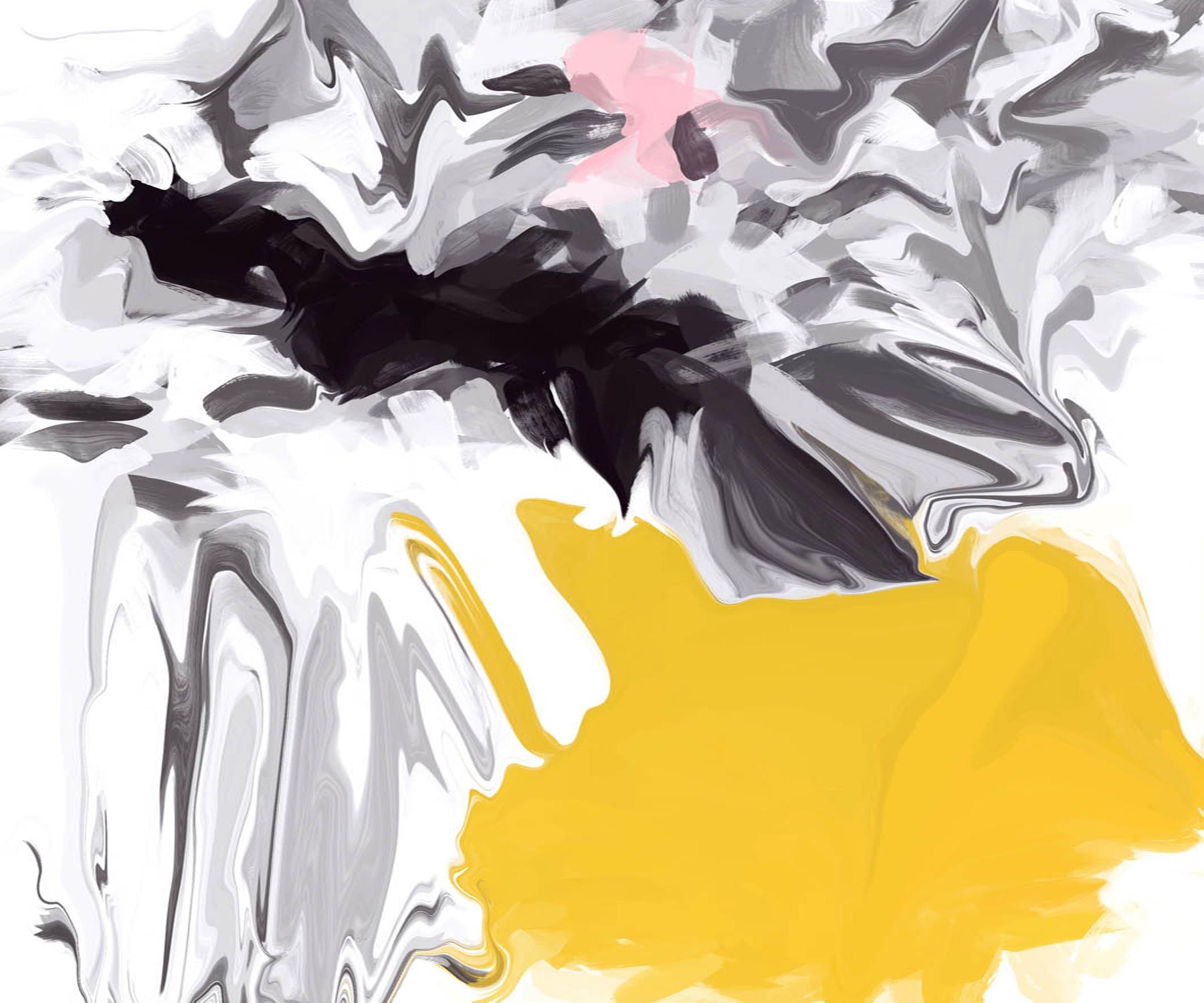 Technique mixte abstraite noire et jaune sur toile 45 x 45 pouces