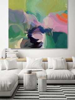 Lienzo verde bohemio abstracto en técnica mixta 45x45" Awoken.