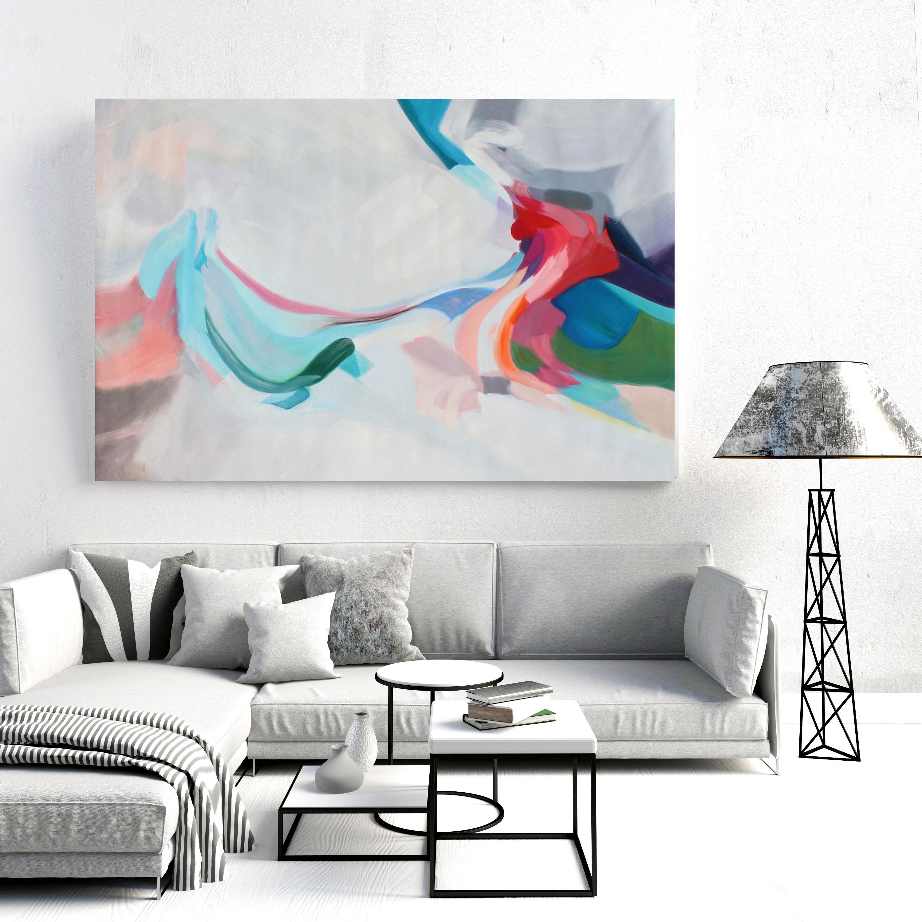 Irena Orlov Interior Painting - White Red Blue Abstract Acrylic Painting on Canvas 68" X 42", Moments of Reality