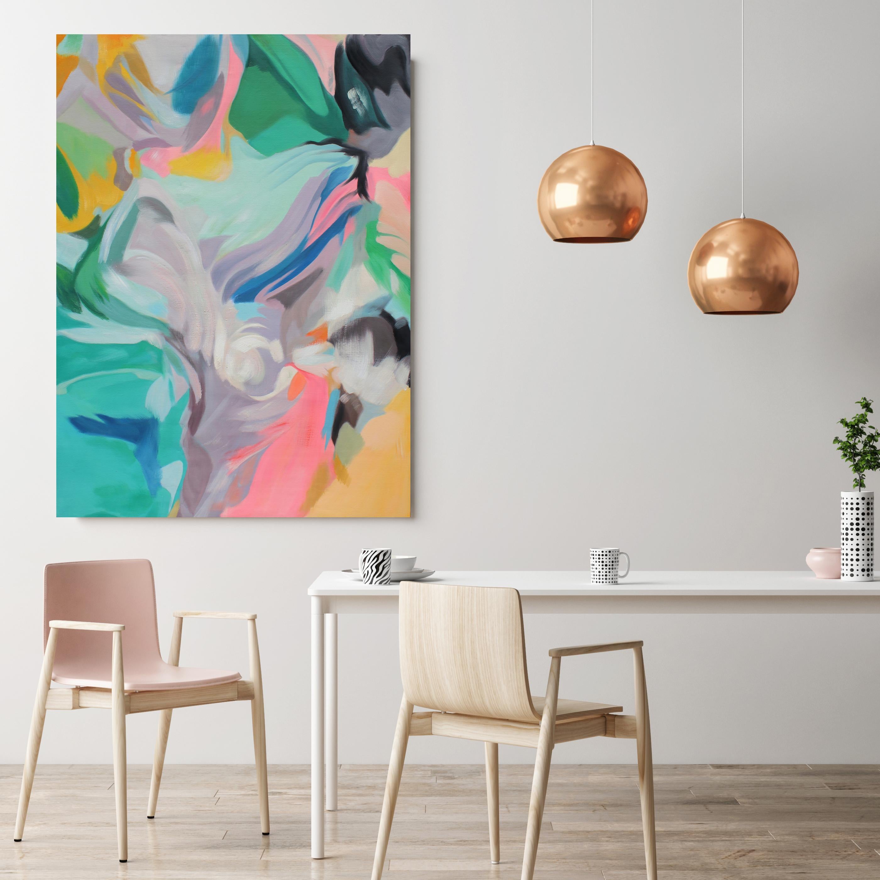Teal Rosa Blau Abstraktes Acrylgemälde, 48W X 36